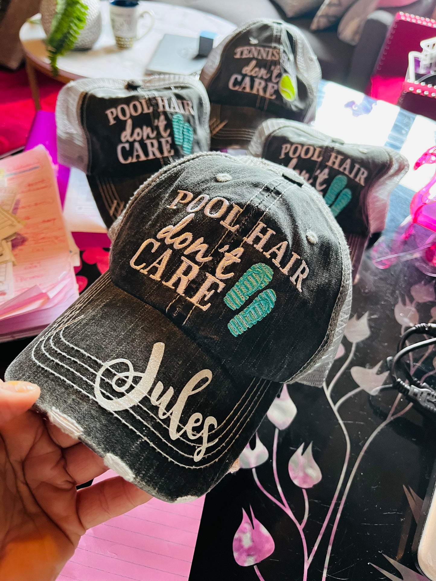 Pool hats Embroidered gray distressed unisex trucker caps Pool hair dont care Pool please Flamingos Flip flops - Stacy's Pink Martini Boutique