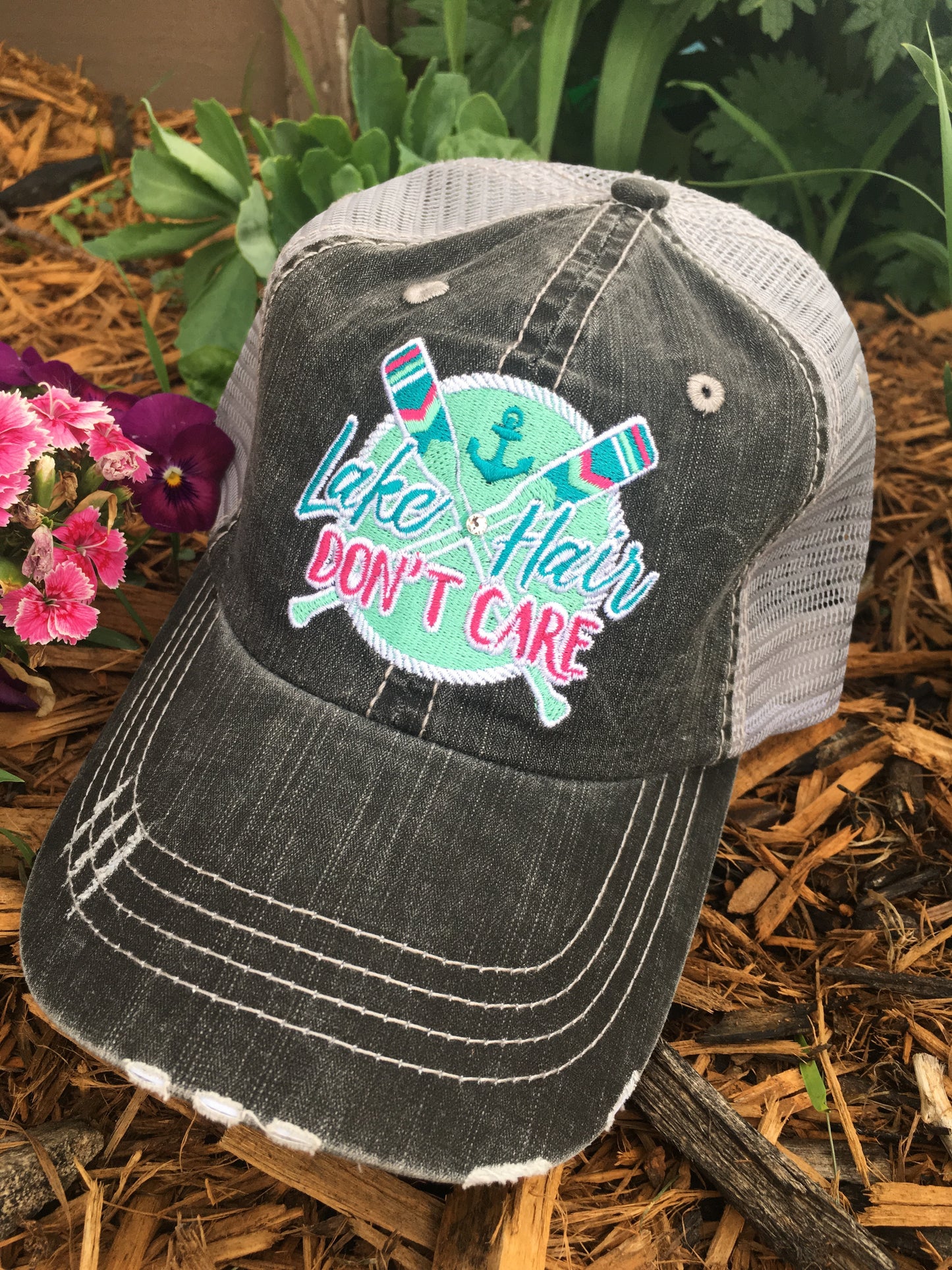 Lake hats! Lake hair dont care | Gray trucker cap-teal, pink, purple anchor | Unisex-Womens-Men-Kids - Stacy's Pink Martini Boutique