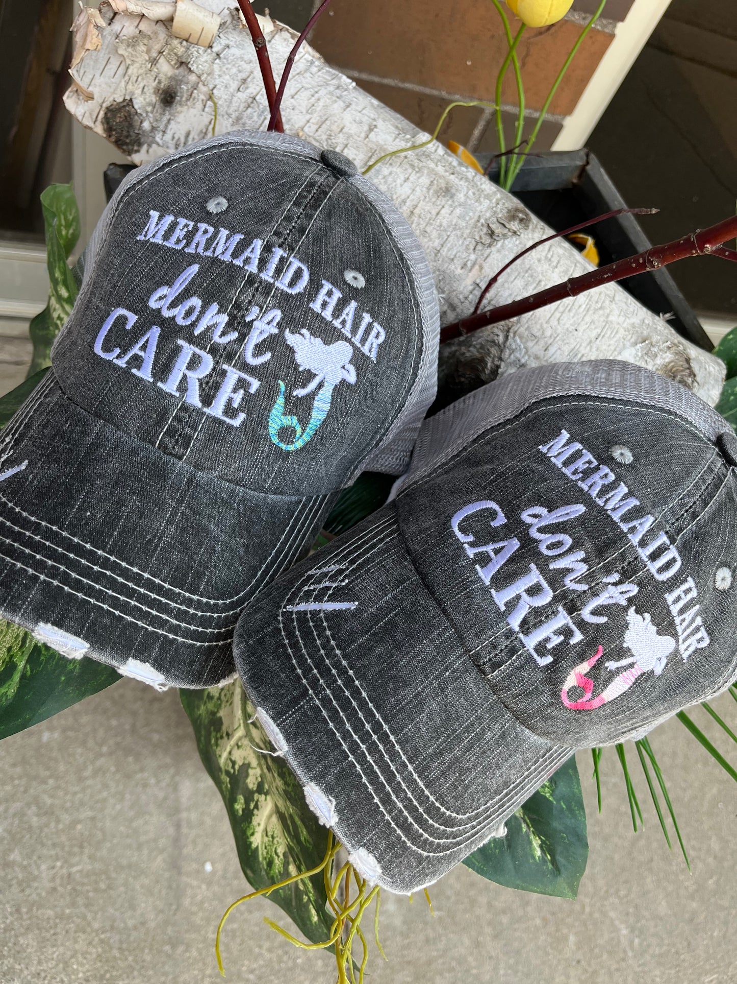 Pool hats Embroidered gray distressed unisex trucker caps Pool hair dont care Pool please Flamingos Flip flops - Stacy's Pink Martini Boutique