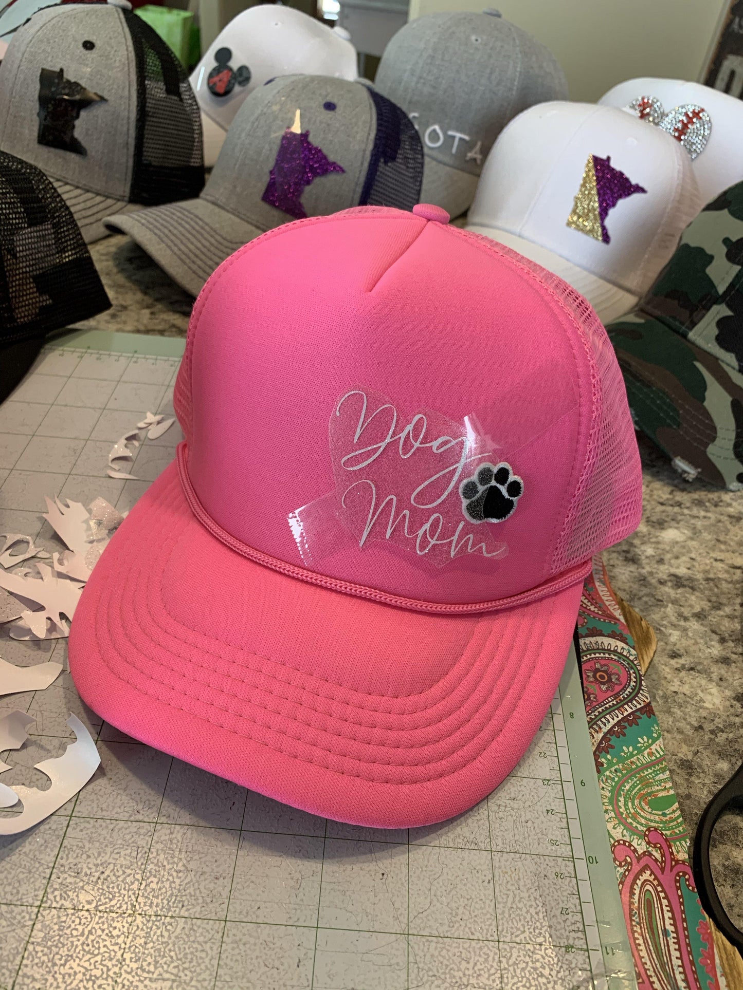 Dog hats Dog mom Assorted colors Distressed womens trucker caps Embroidered paw - Stacy's Pink Martini Boutique