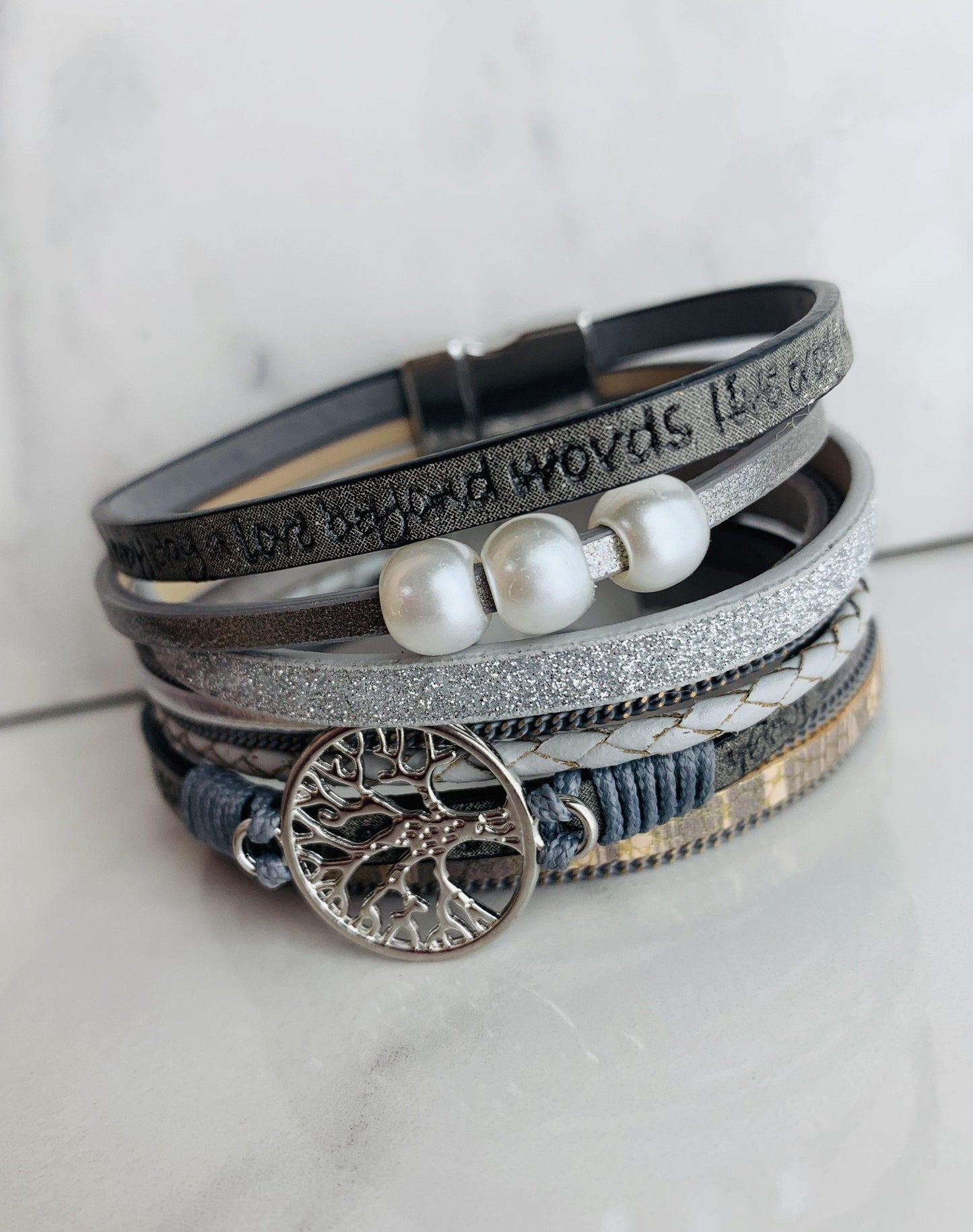 Bracelets { Laugh everyday • Love beyond words • Live every moment } • Tree of life • Glitter • Magnetic closure • 7 1/2 inches • Leather • Wrap - Stacy's Pink Martini Boutiqu