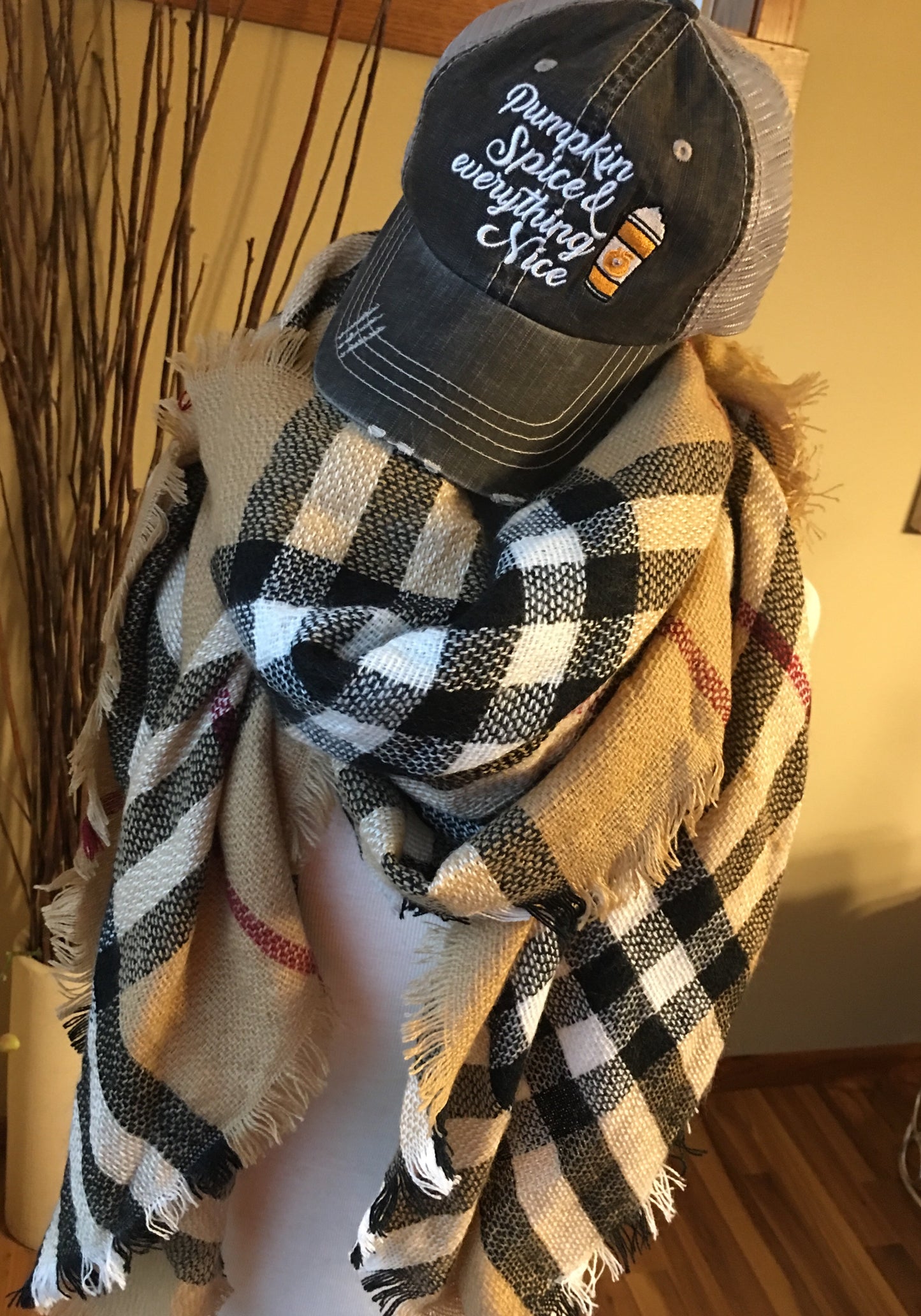 Hats { Pumpkin spice and everything nice } Pumpkin spice and Jesus. Pumpkin spice and chill. 3 sayings in 3 colors. Embroidered distressed trucker cap. Black suede. Black and white herringbone. Blanket Scarf. Plaid. - Stacy's Pink Martini Boutique
