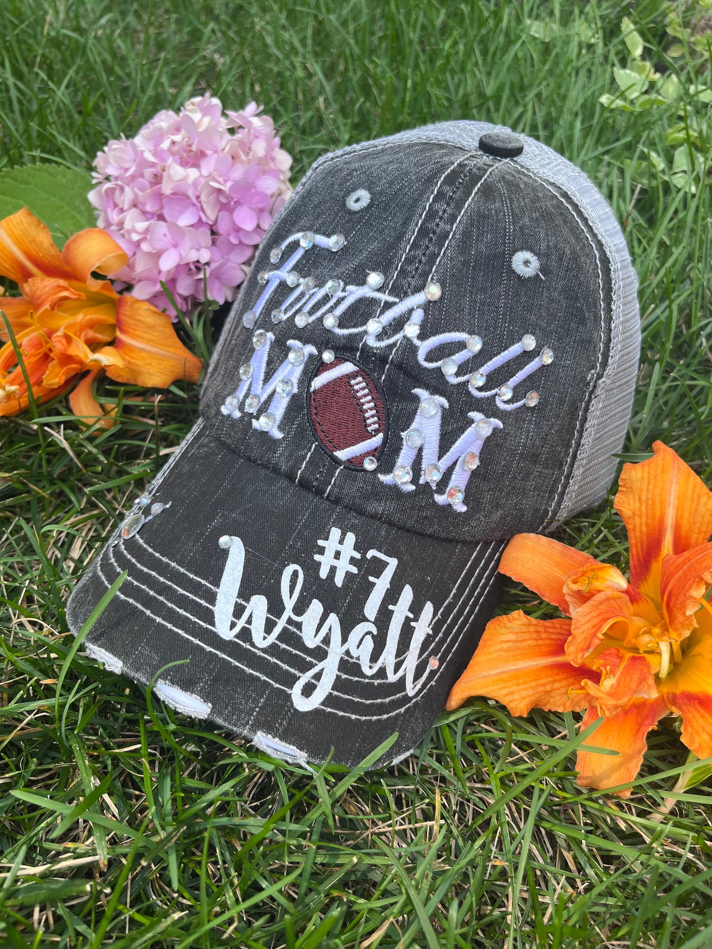 Personalized football hats FOOTBALL Mom hats Embroidered trucker caps Assorted styles - Stacy's Pink Martini Boutique