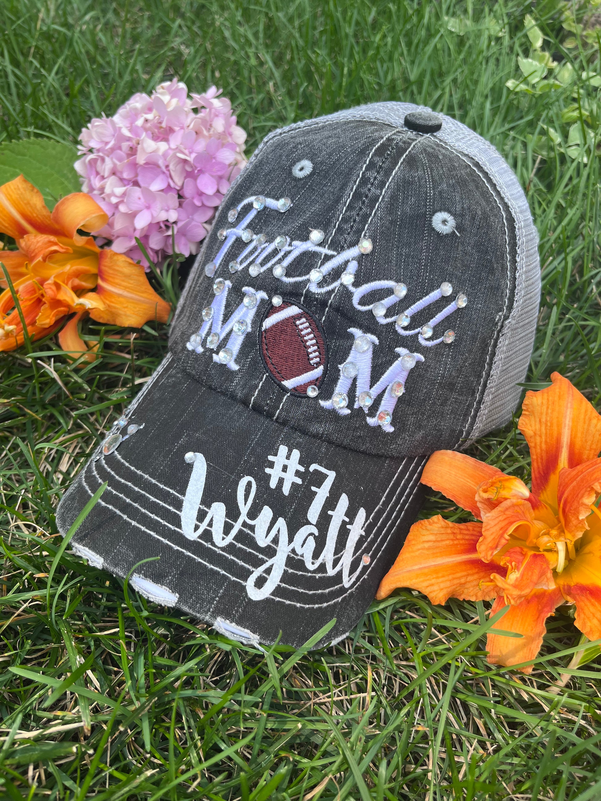 Personalized football hats FOOTBALL Mom hats Embroidered trucker caps Assorted styles - Stacy's Pink Martini Boutique