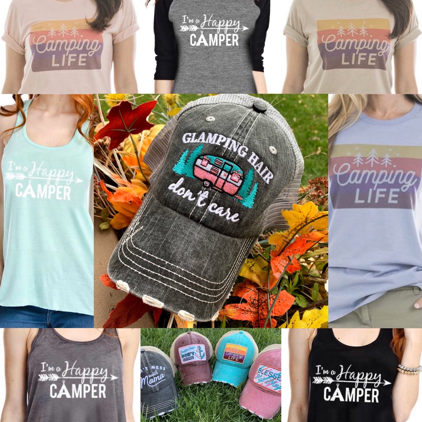 Hats or tanks { I'M A HAPPY CAMPER } { Camping hair don’t care } { Camping life } { Glamping hair don’t care } Embroidered distressed gray unisex trucker caps. Adjustable Velcro and hole for pony. RV there yet? - Stacy's Pink Martini Boutique