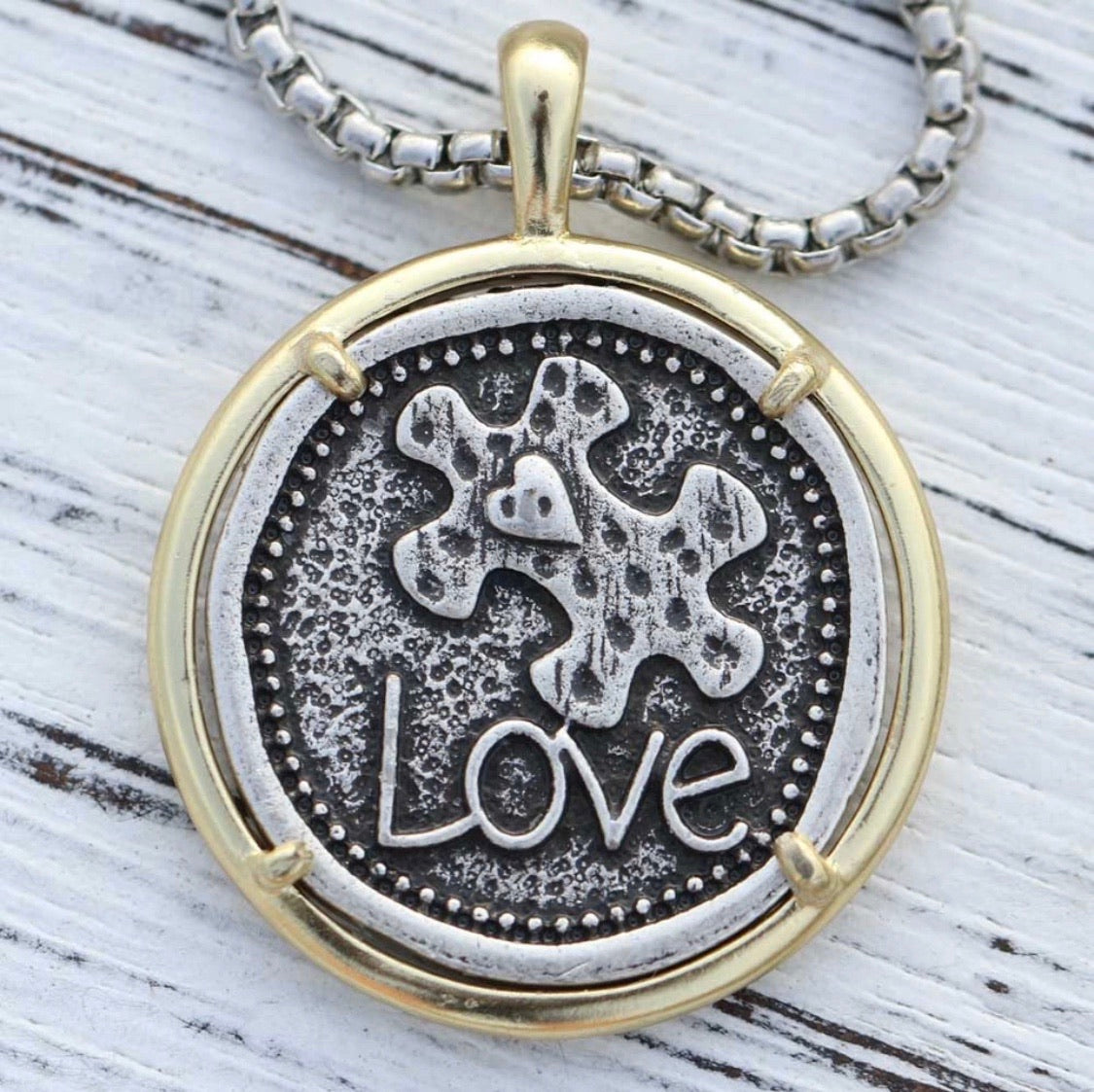 Necklace { Autism } Puzzle piece • Love • Silver and gold • 24 inch chain - Stacy's Pink Martini Boutique