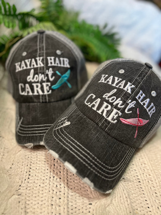 Kayak hats Kayak hair dont care Teal or pink kayak Unisex trucker cap - Stacy's Pink Martini Boutique