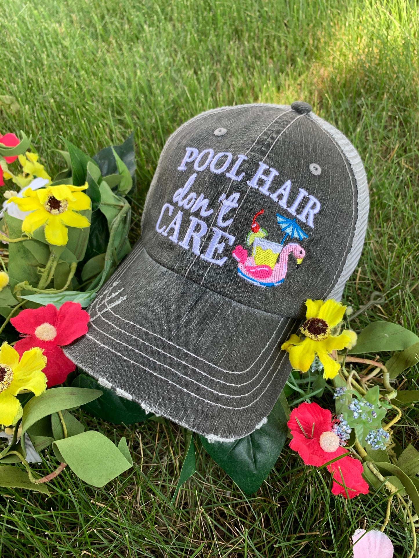 Pool hats Embroidered gray distressed unisex trucker caps Pool hair dont care Pool please Flamingos Flip flops - Stacy's Pink Martini Boutique