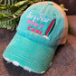 Hats Beach hair dont care Embroidered teal or pink flip flops distressed trucker cap Womens Sandals - Stacy's Pink Martini Boutique