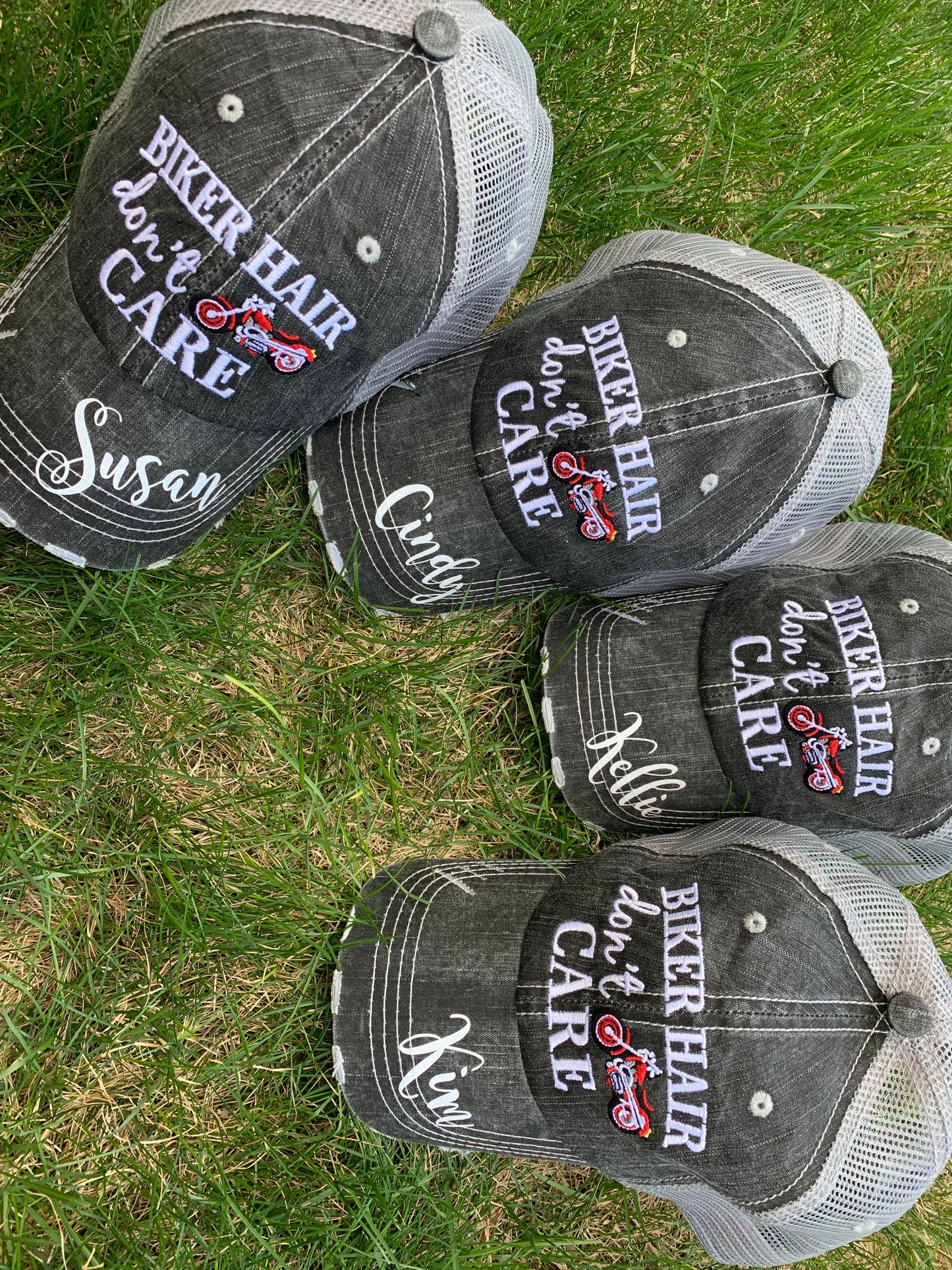 Motorcycle hats Biker hair dont care Embroidered trucker caps - Stacy's Pink Martini Boutique