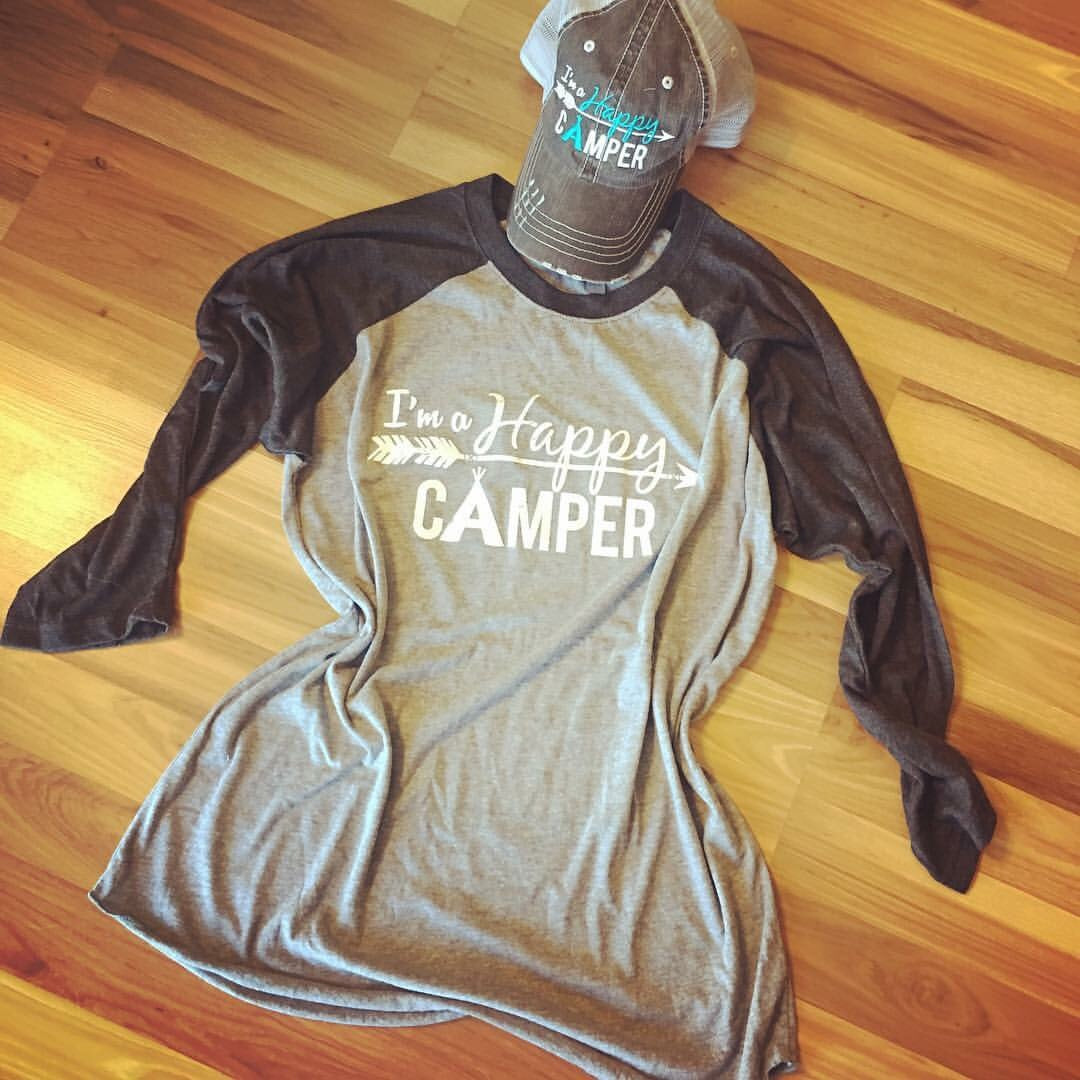 Hats or tanks { I'M A HAPPY CAMPER } { Camping hair don’t care } { Camping life } { Glamping hair don’t care } Embroidered distressed gray unisex trucker caps. Adjustable Velcro and hole for pony. RV there yet? - Stacy's Pink Martini Boutique