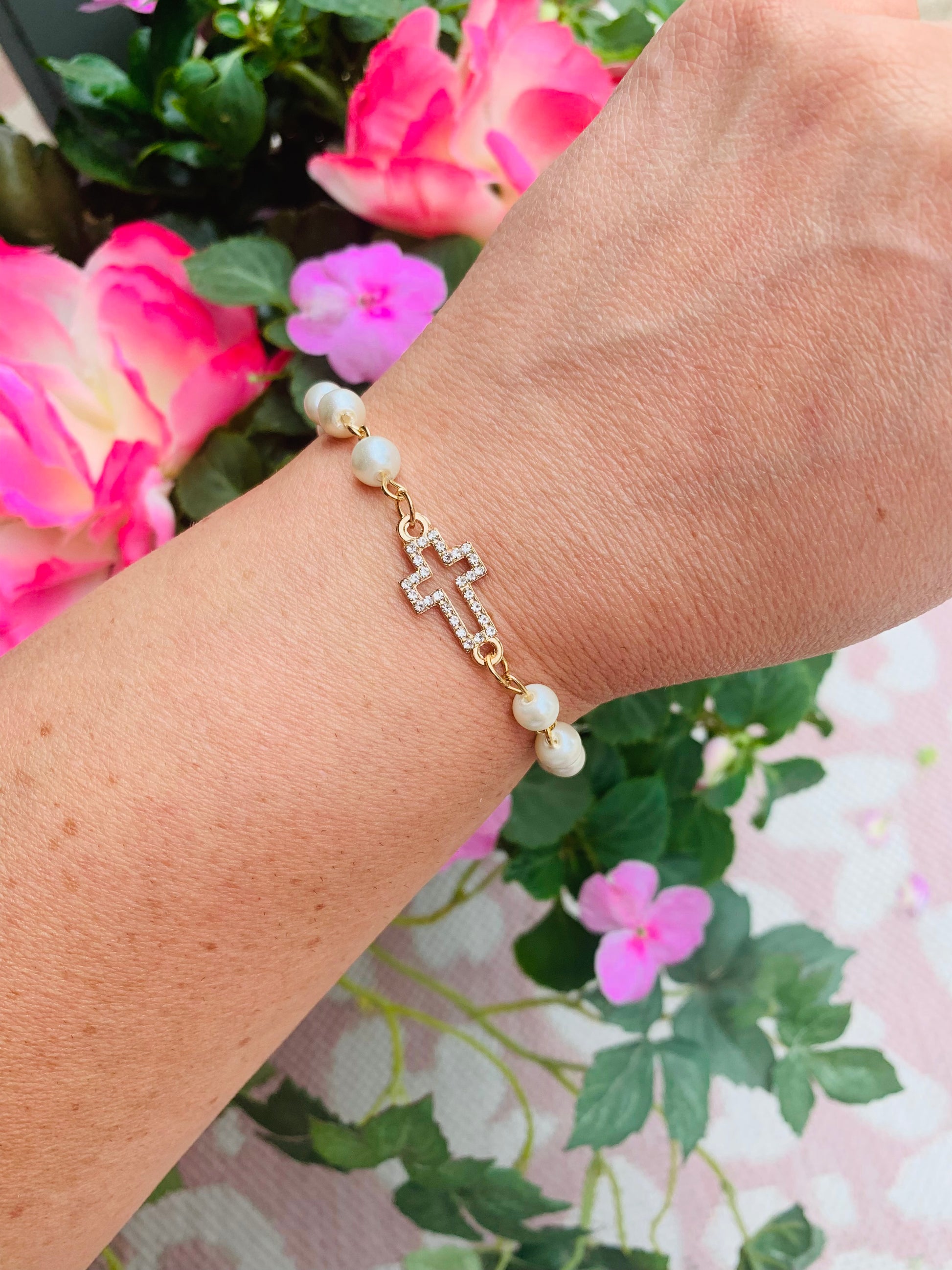 Cross bracelets Pearls, gold & rhinestones Womens fashion jewelry - Stacy's Pink Martini Boutique