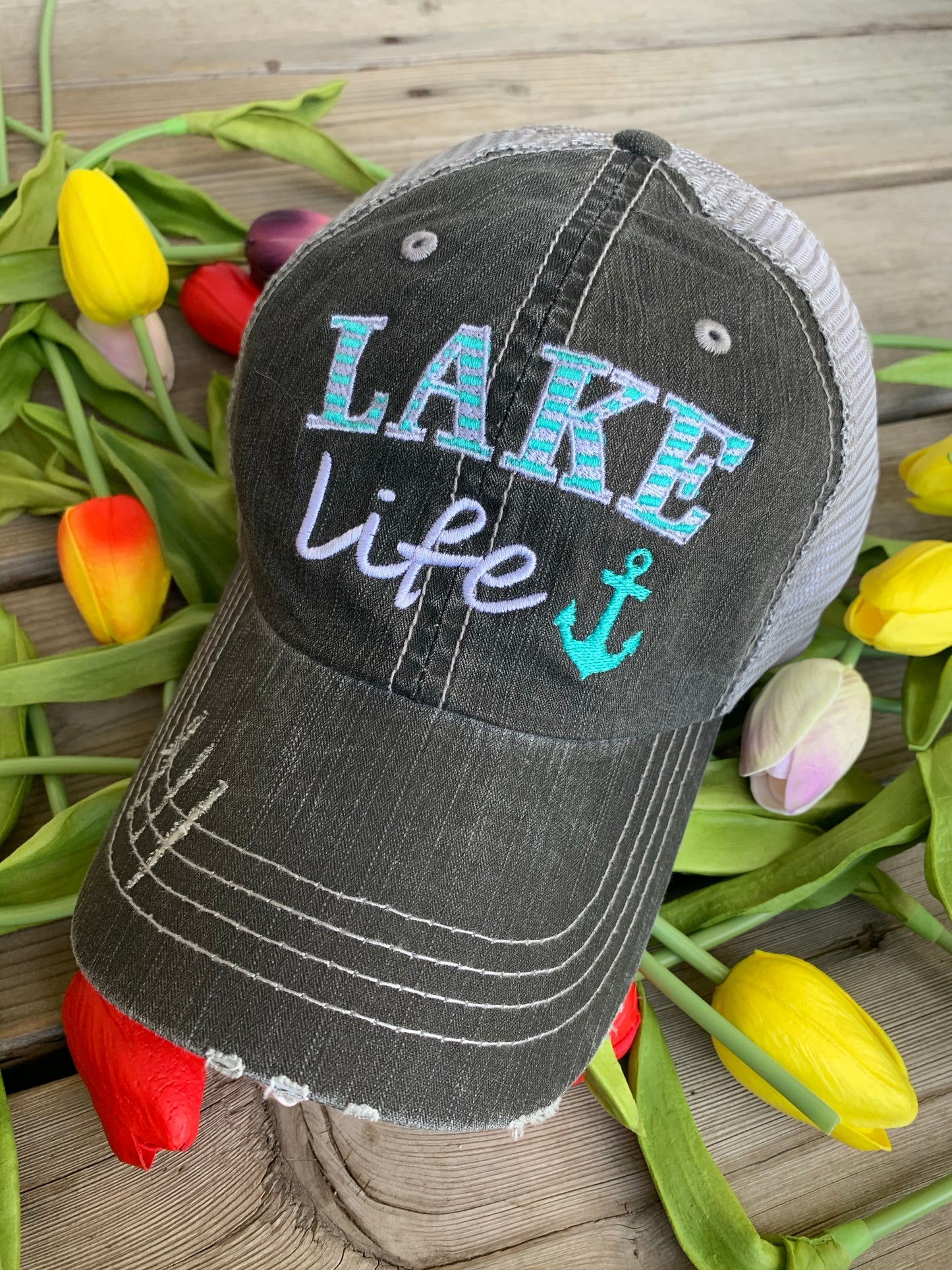 Pool hats Embroidered gray distressed unisex trucker caps Pool hair dont care Pool please Flamingos Flip flops - Stacy's Pink Martini Boutique