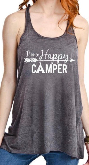 Hats or tanks { I'M A HAPPY CAMPER } { Camping hair don’t care } { Camping life } { Glamping hair don’t care } Embroidered distressed gray unisex trucker caps. Adjustable Velcro and hole for pony. RV there yet? - Stacy's Pink Martini Boutique