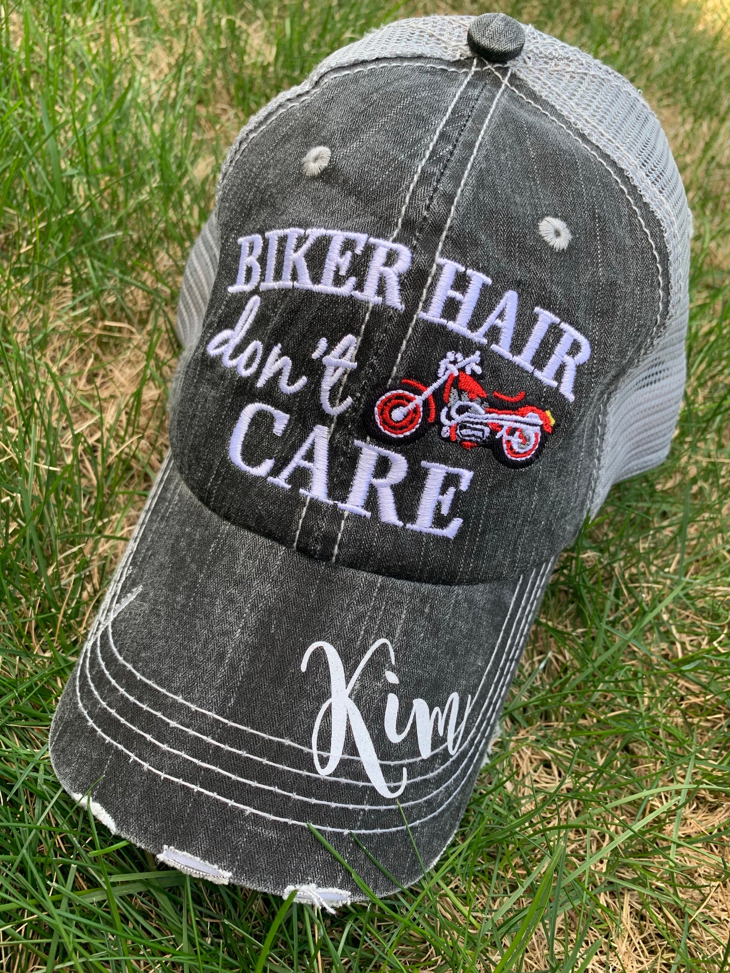 Motorcycle hats Biker hair dont care Embroidered trucker caps - Stacy's Pink Martini Boutique