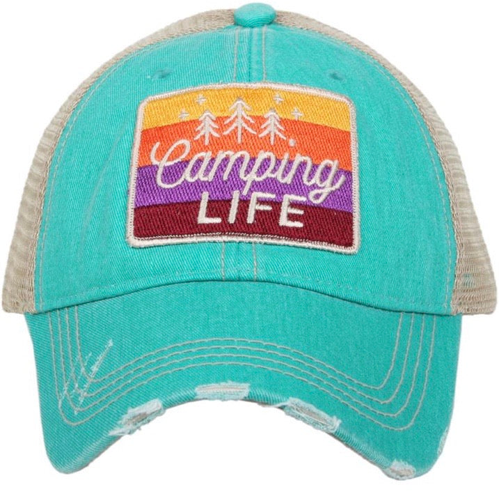 Hats or tanks { I'M A HAPPY CAMPER } { Camping hair don’t care } { Camping life } { Glamping hair don’t care } Embroidered distressed gray unisex trucker caps. Adjustable Velcro and hole for pony. RV there yet? - Stacy's Pink Martini Boutique