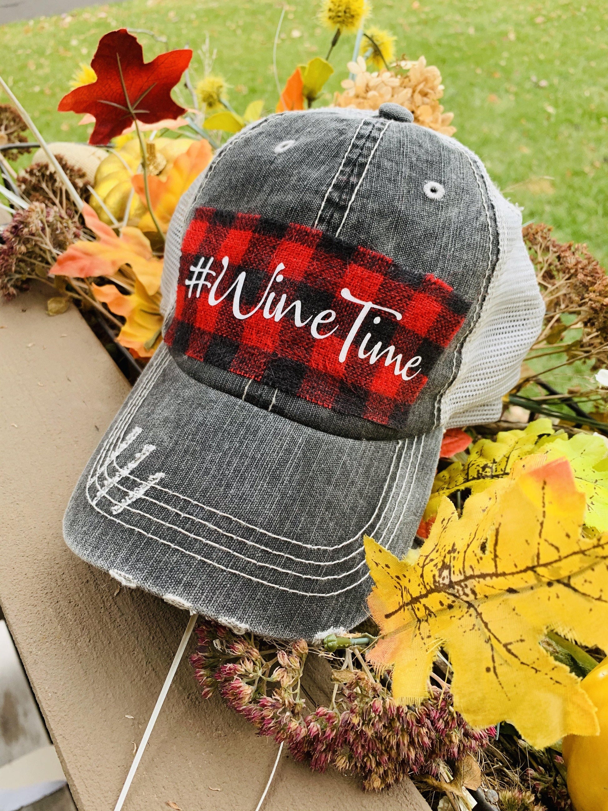 Hats { Blessed mama } Gray distressed with buffalo plaid in red and black check adjustable Velcro. Any custom sating available. - Stacy's Pink Martini Boutique