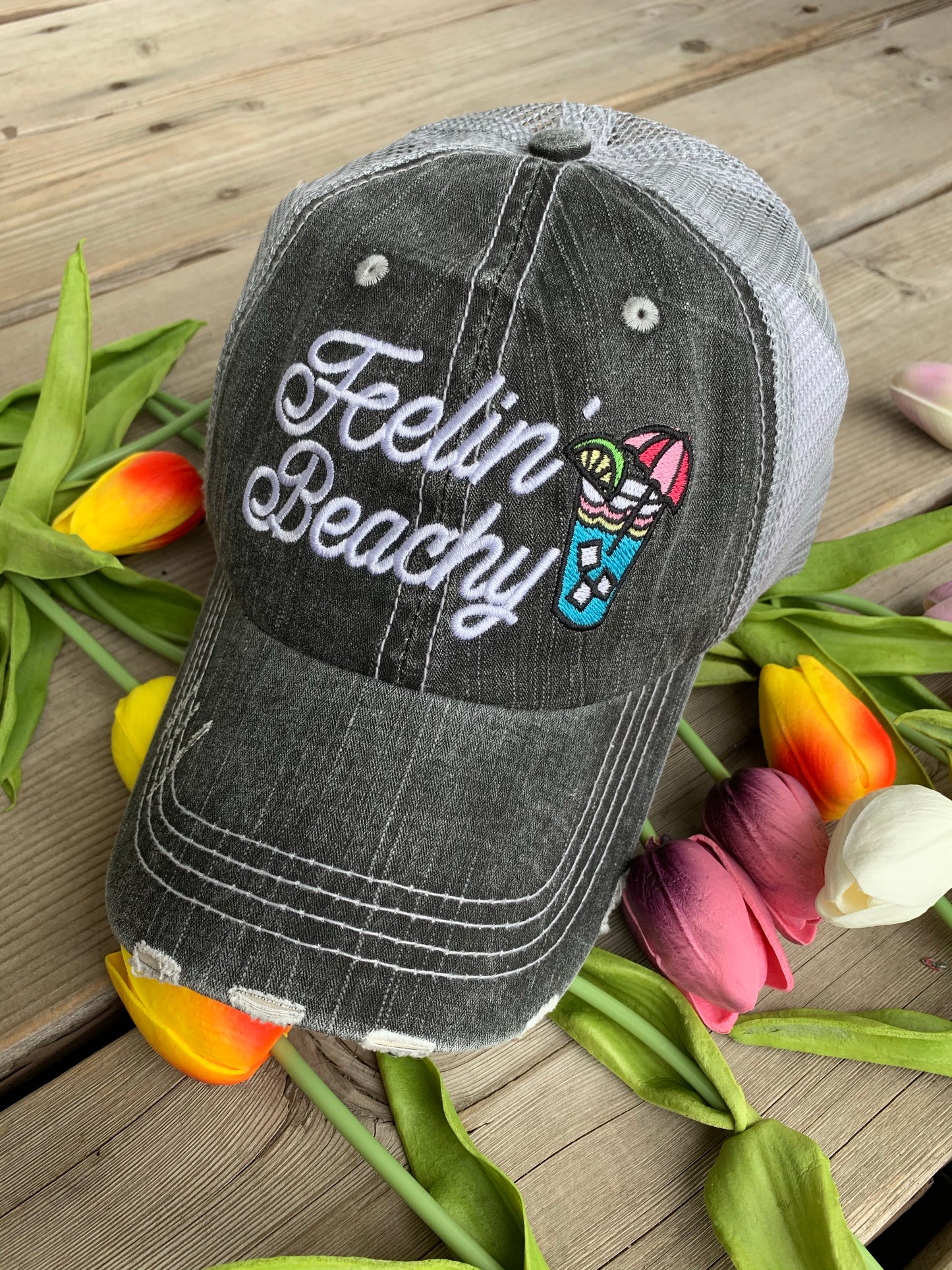 Pool hats Embroidered gray distressed unisex trucker caps Pool hair dont care Pool please Flamingos Flip flops - Stacy's Pink Martini Boutique