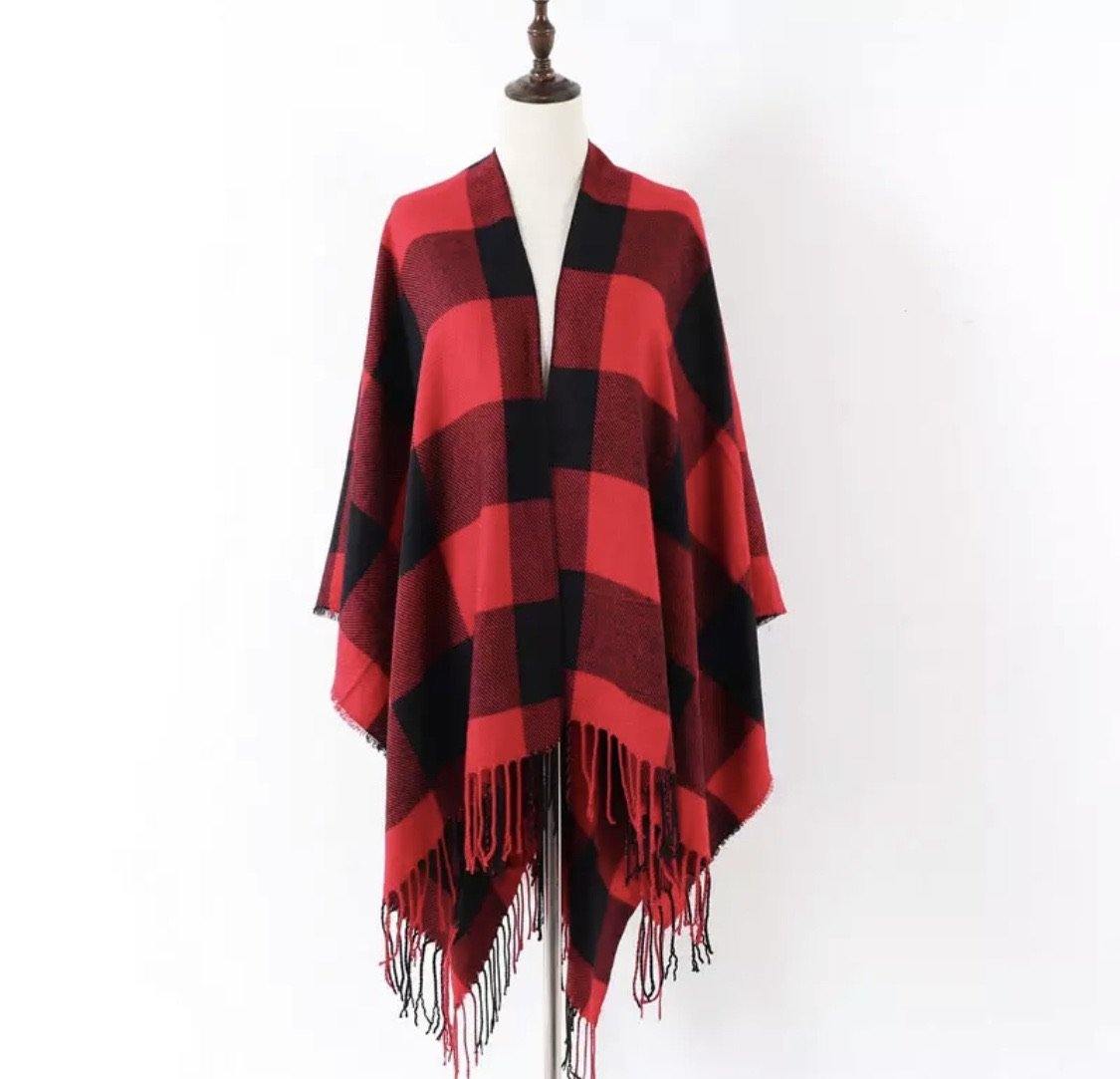 Poncho scarf { Plaid check } Red and black or white and black. 52 x 63. Free ship in US! - Stacy's Pink Martini Boutique