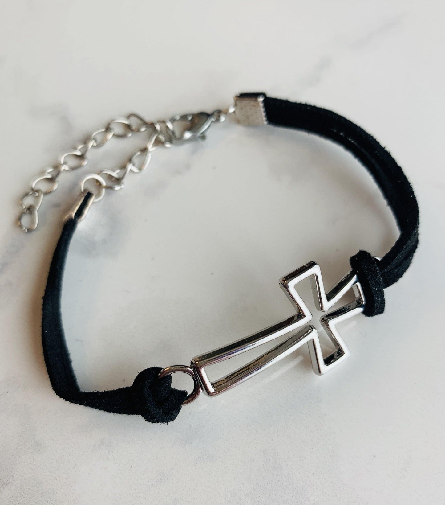Cross bracelet • Silver • Black cording Adjustable extender Lobster clasp - Stacy's Pink Martini Boutique