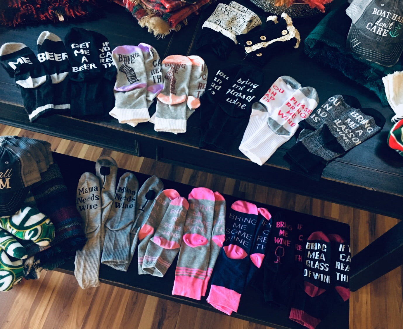 Socks! Wi-ne , be-er, coffee, chocolate, kisses, bacon! If you can read this bring me.... - Stacy's Pink Martini Boutique