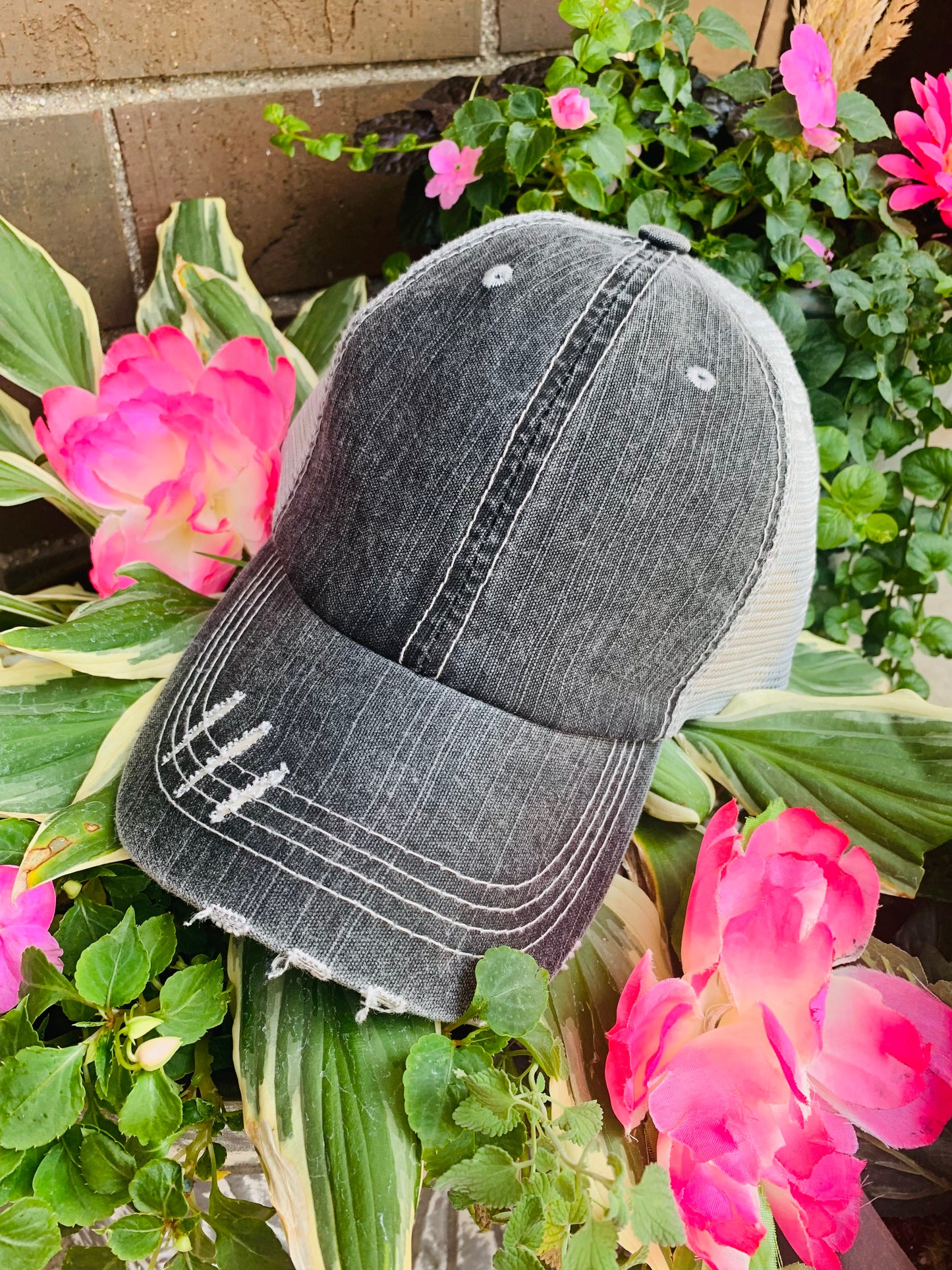 Hats blank. Distressed vintage trucker hat with adjustable. Gray. Leopard. - Stacy's Pink Martini Boutique