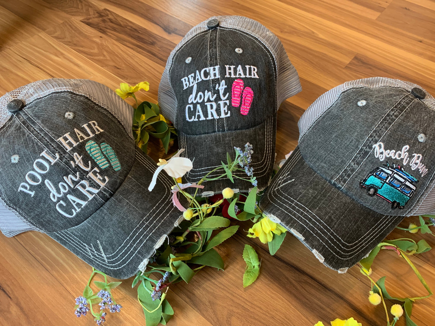 Hat { Beach hair don’t care } Teal or pink flip flops. Embroidered, distressed, trucker cap. Women’s. Sandals. - Stacy's Pink Martini Boutique