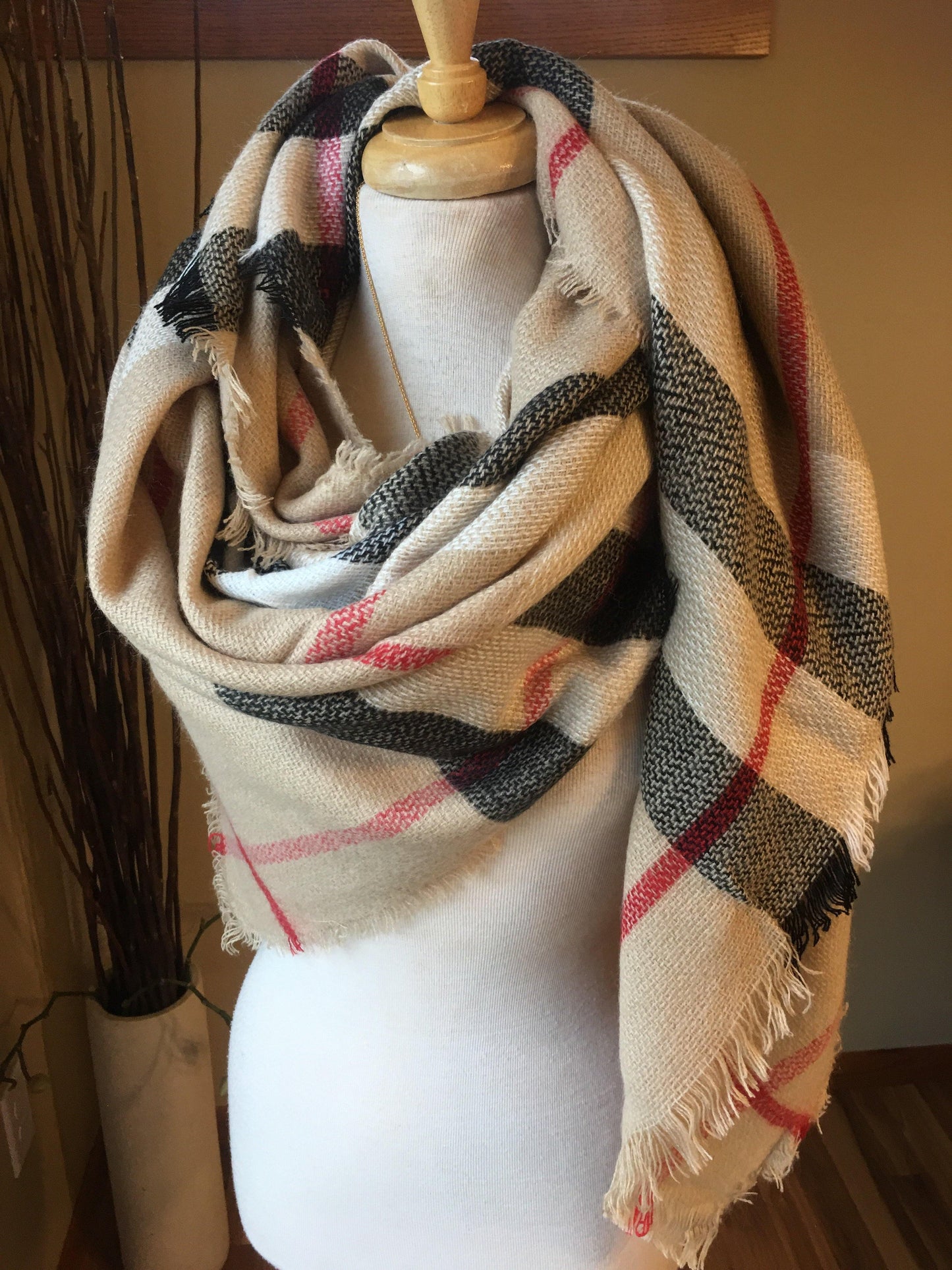 Blanket scarf { Classic check } Camel. Large square blanket scarf. - Stacy's Pink Martini Boutique