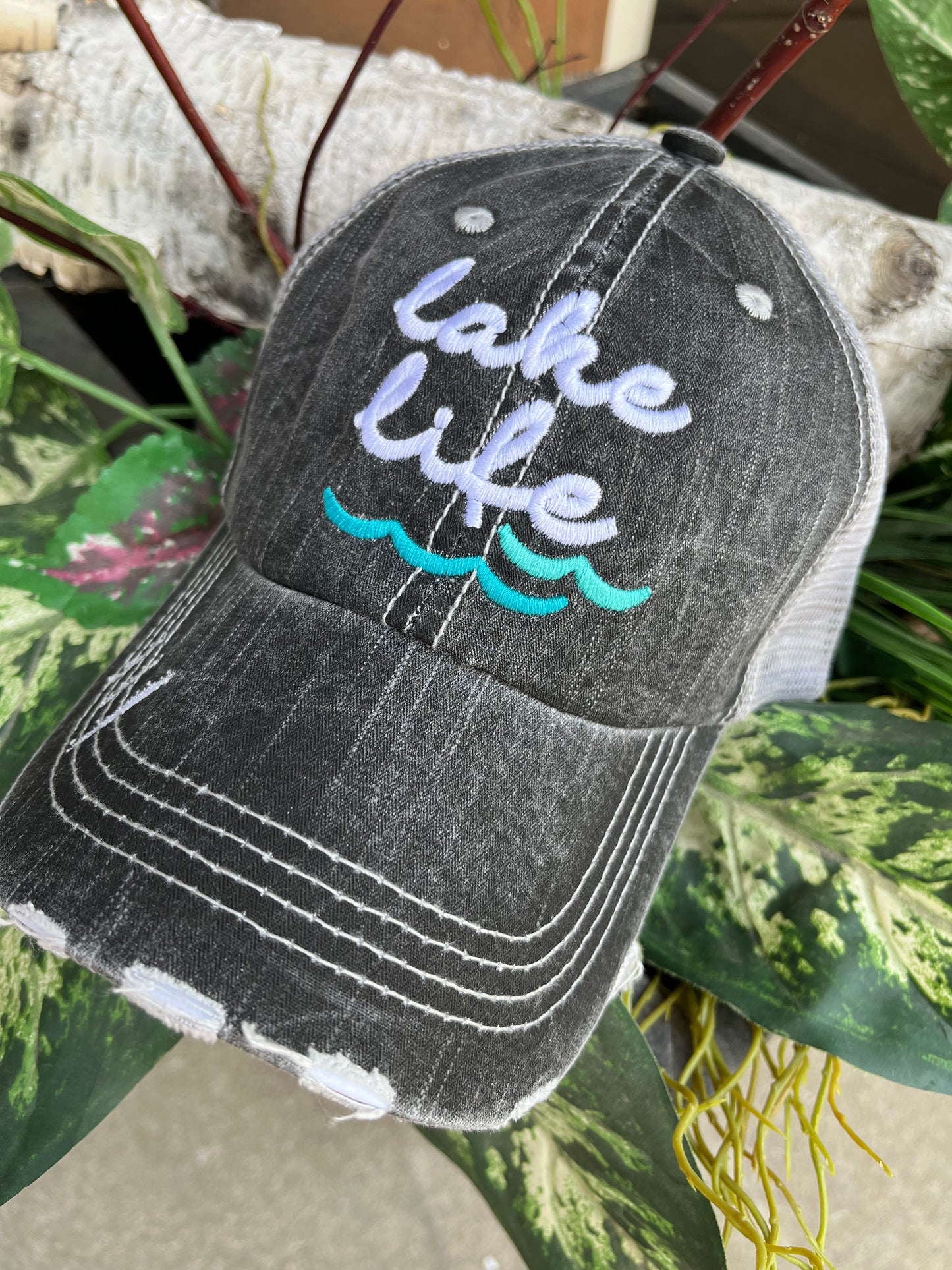 Lake hats Lake life Teal waves Gray embroidered trucker cap Boat Cabin Vacation