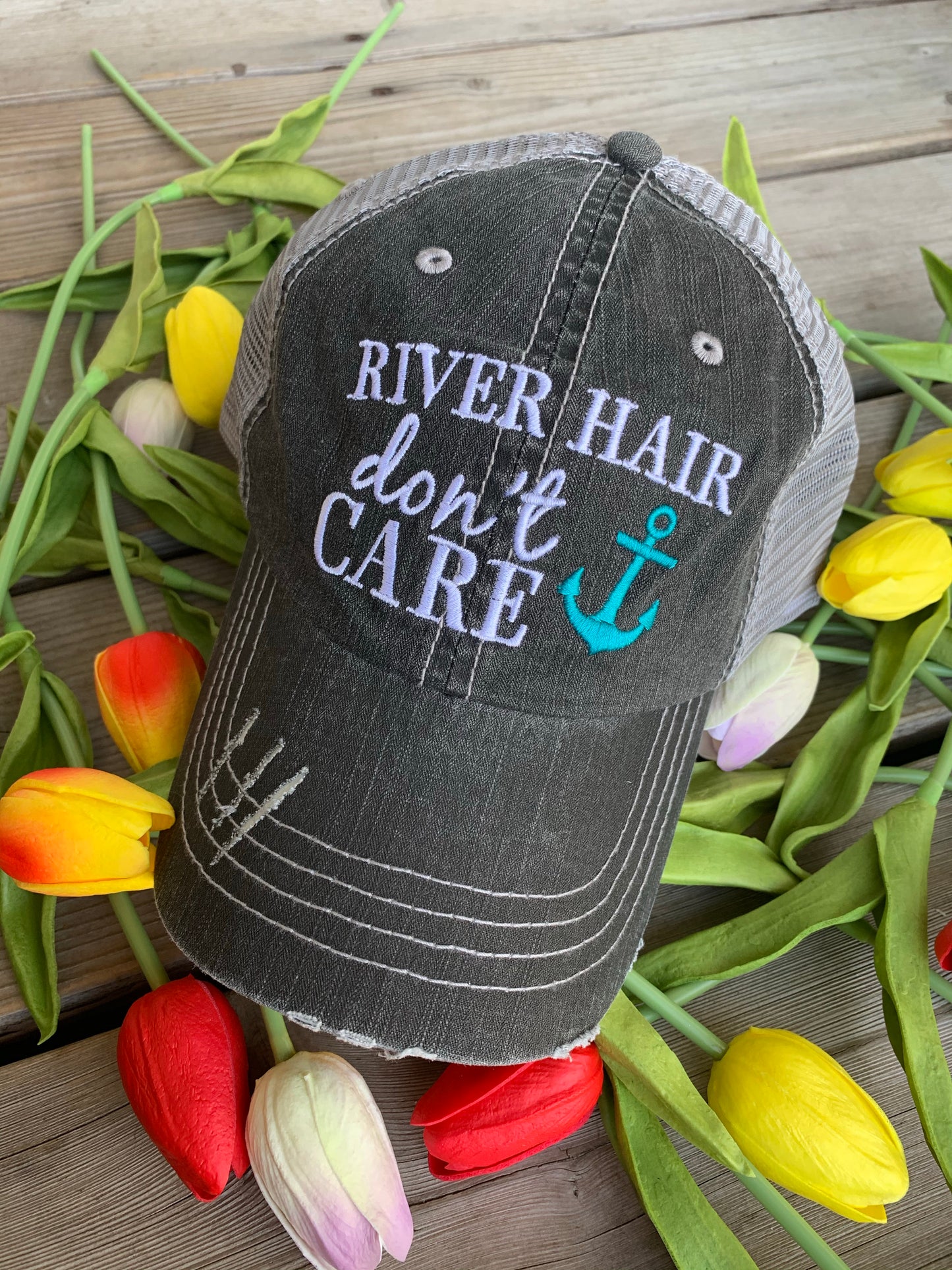 Pool hats Embroidered gray distressed unisex trucker caps Pool hair dont care Pool please Flamingos Flip flops - Stacy's Pink Martini Boutique