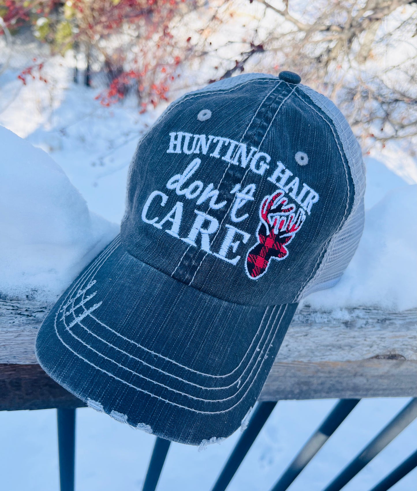 Hunting hat Hunting hair dont care Buffalo check deer Embroidered Buck Hunt Hunter - Stacy's Pink Martini Boutique