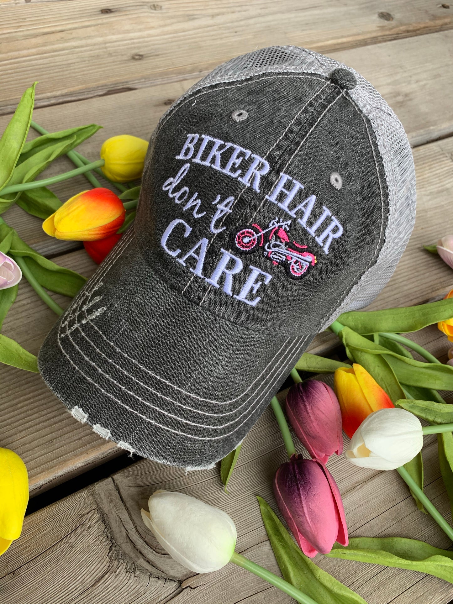 Motorcycle hats Biker hair dont care Embroidered trucker caps - Stacy's Pink Martini Boutique