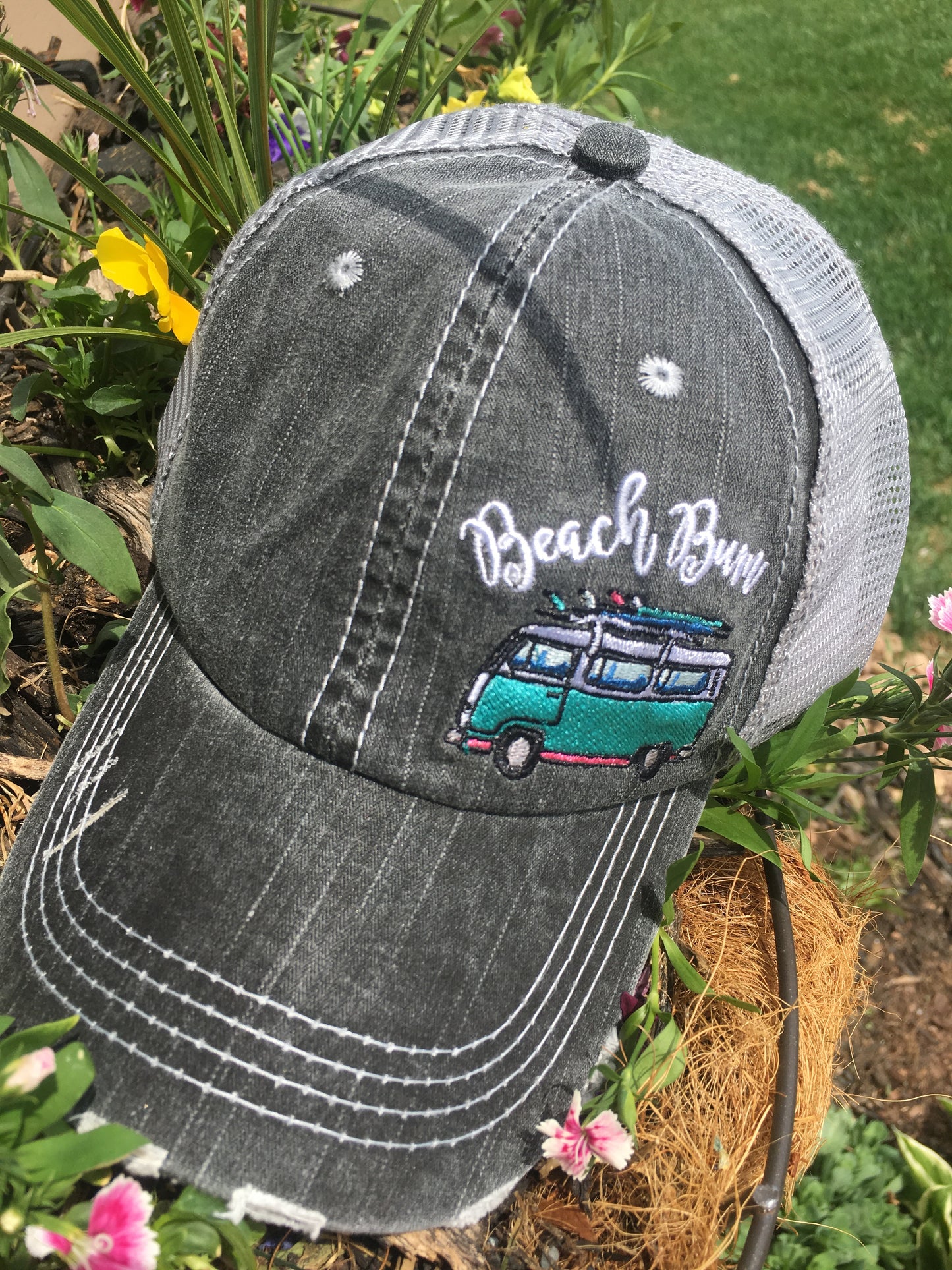 Hat { Beach Bum } 3 styles / colors. Seashells. Embroidered distressed trucker caps with adjustable velcro and hole for pony. - Stacy's Pink Martini Boutique