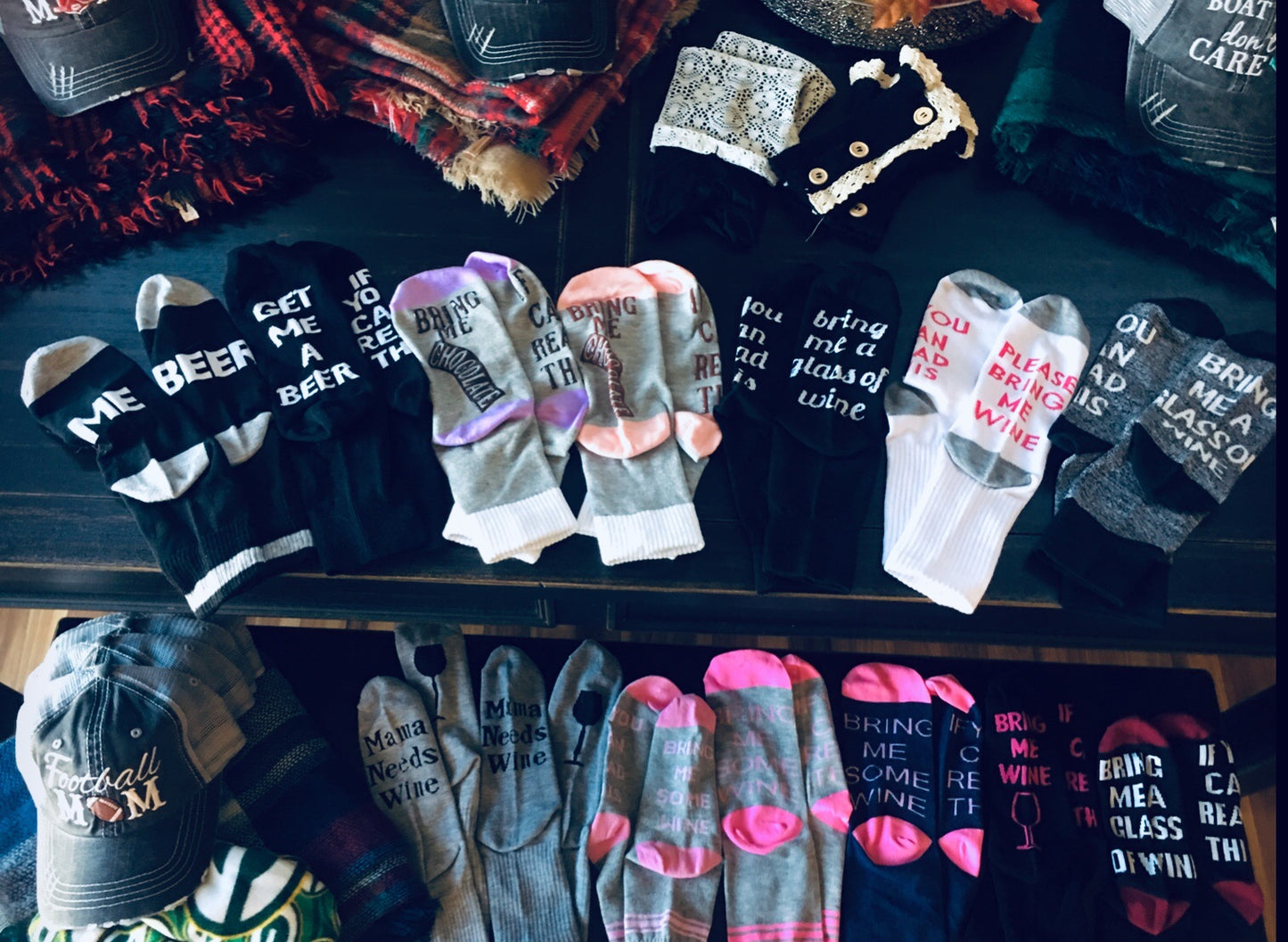 Socks! Wi-ne , be-er, coffee, chocolate, kisses, bacon! If you can read this bring me.... - Stacy's Pink Martini Boutique