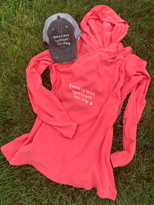 Hats and shirts { Hold my drink I gotta pet this dog } Customize by choosing hat options & clothing options. - Stacy's Pink Martini Boutique