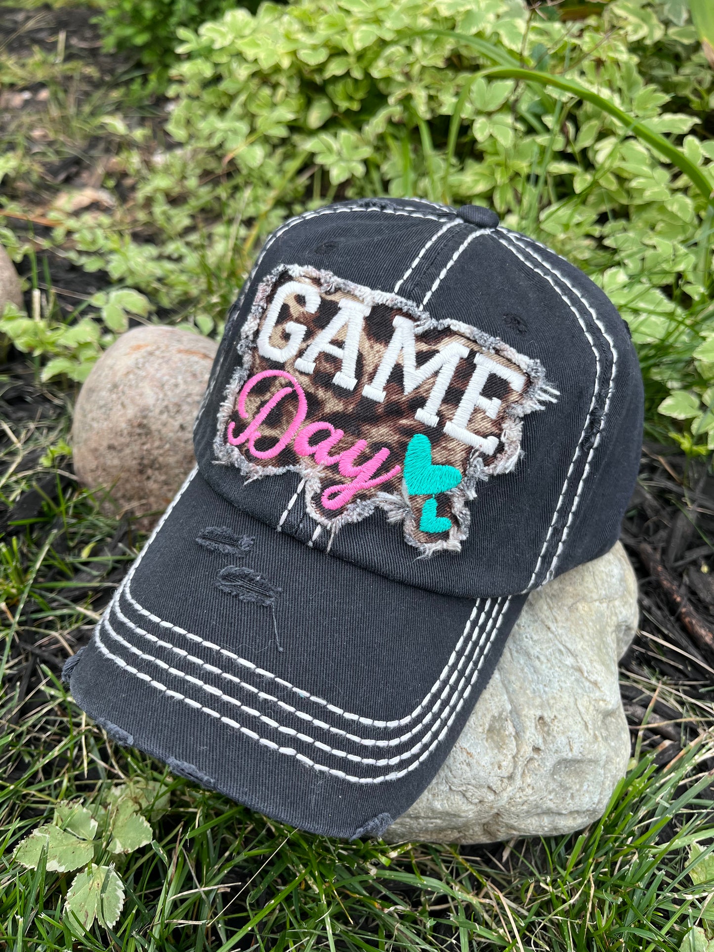 Game day Embroidered leopard print hearts Navy blue