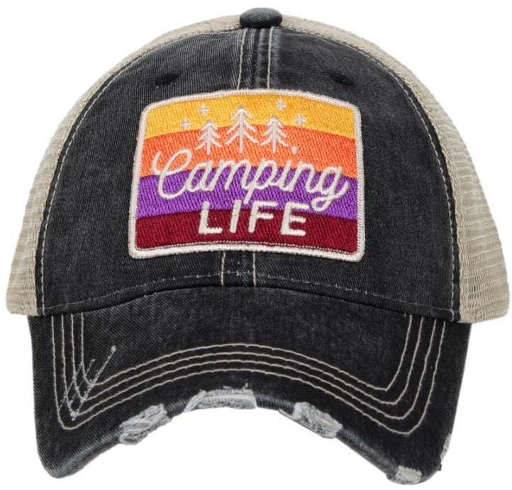 Hats or tanks { I'M A HAPPY CAMPER } { Camping hair don’t care } { Camping life } { Glamping hair don’t care } Embroidered distressed gray unisex trucker caps. Adjustable Velcro and hole for pony. RV there yet? - Stacy's Pink Martini Boutique