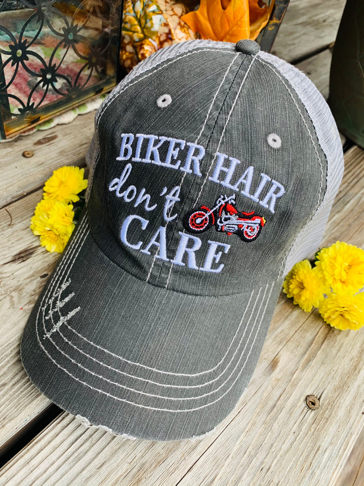 Motorcycle hats Biker hair dont care Embroidered trucker caps - Stacy's Pink Martini Boutique