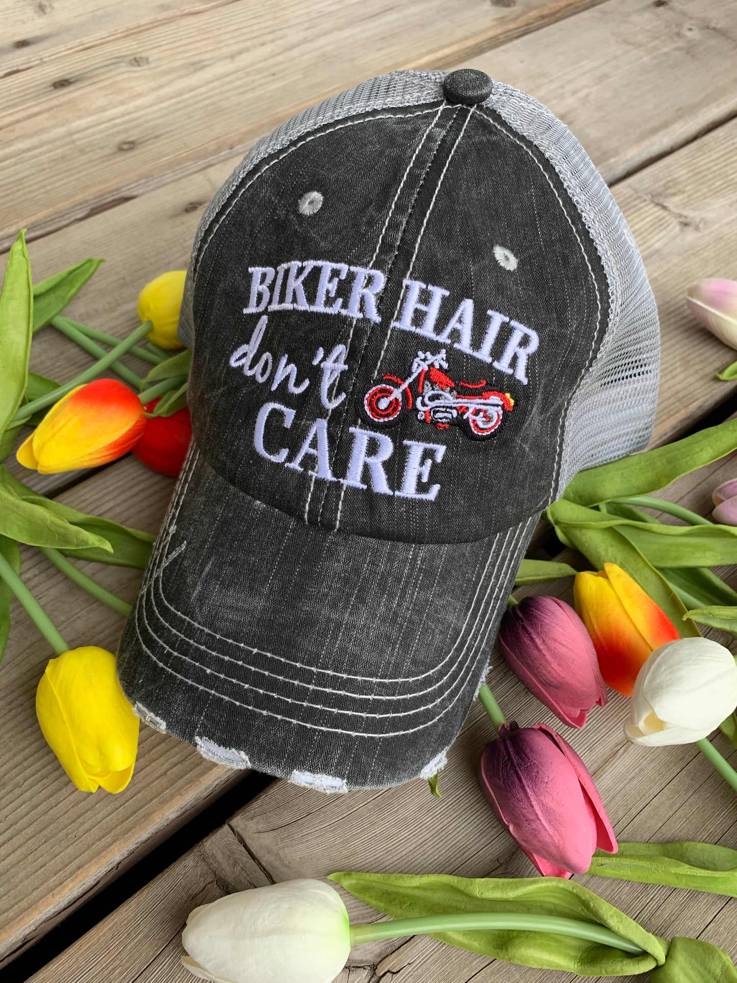 Motorcycle hats Biker hair dont care Embroidered trucker caps - Stacy's Pink Martini Boutique