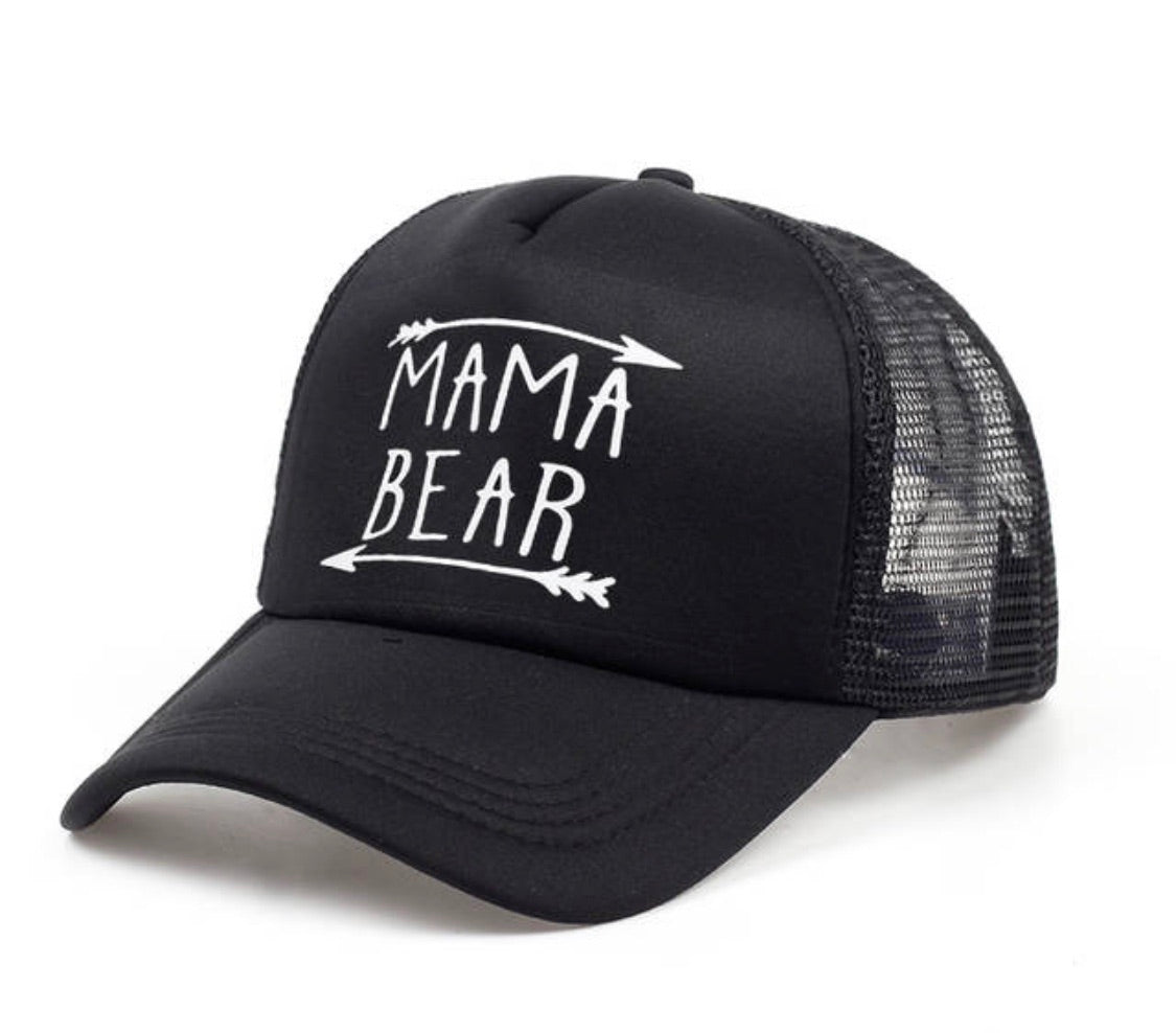 Mom hats | Mama bear | Women’s Black trucker caps • White vinyl • Adjustable • $10 • Arrow. Adjustable snap back, hole for pony! - Stacy's Pink Martini Boutique