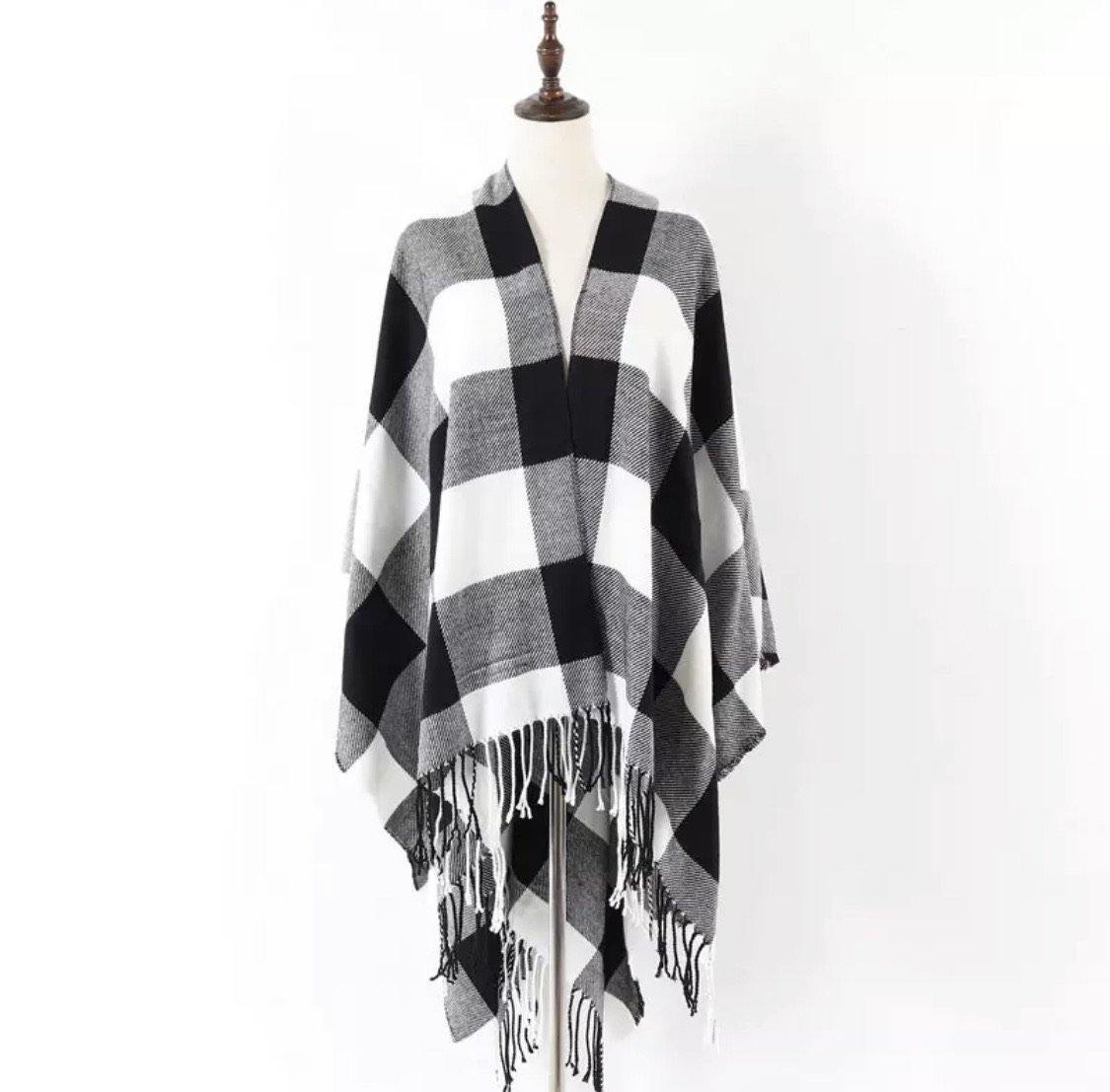 Poncho scarf { Plaid check } Red and black or white and black. 52 x 63. Free ship in US! - Stacy's Pink Martini Boutique