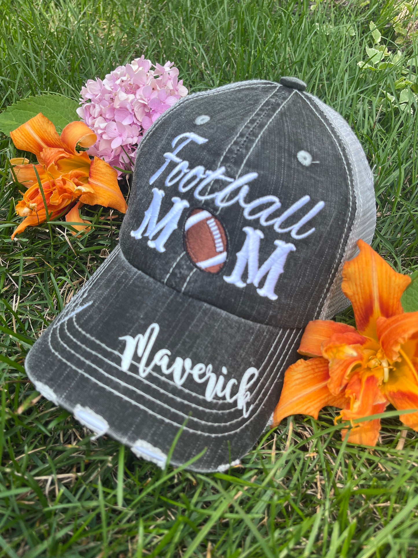 Personalized football hats FOOTBALL Mom hats Embroidered trucker caps Assorted styles - Stacy's Pink Martini Boutique