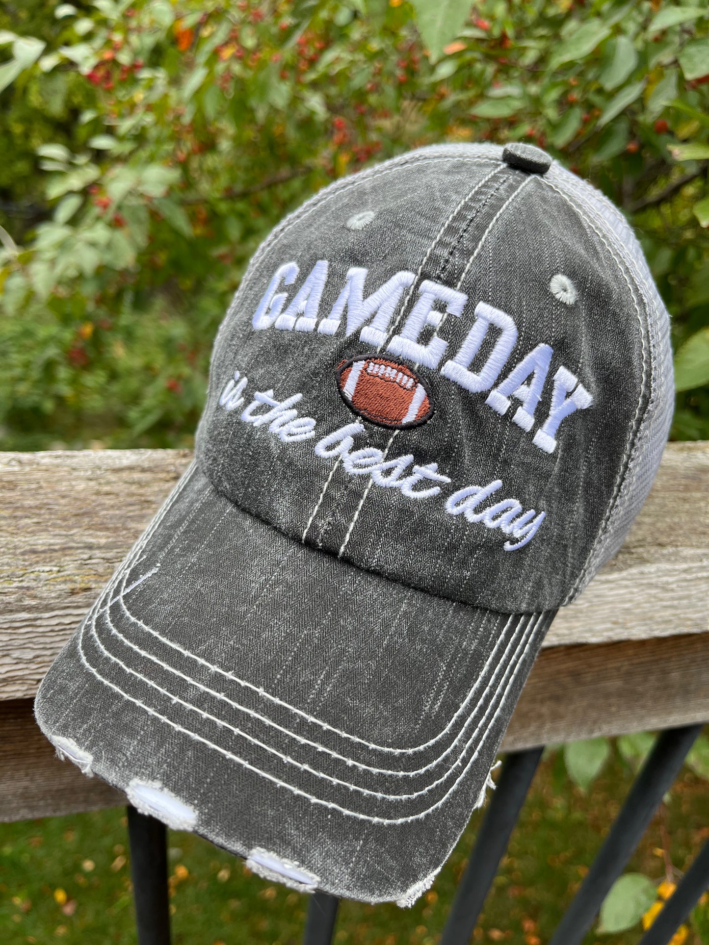 Gameday is the best day Football Gray embroidered distressed unisex trucker cap Sports NFL Super Bowl Team Coach Football mom Tailgating