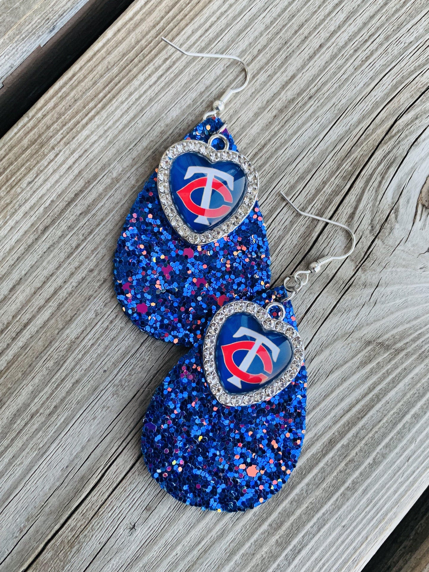 Earrings { Minnesota Twins Baseball } Blue, silver, white, red. Glitter, matte, embossed. Teardrop leather fish hook. - Stacy's Pink Martini Boutique