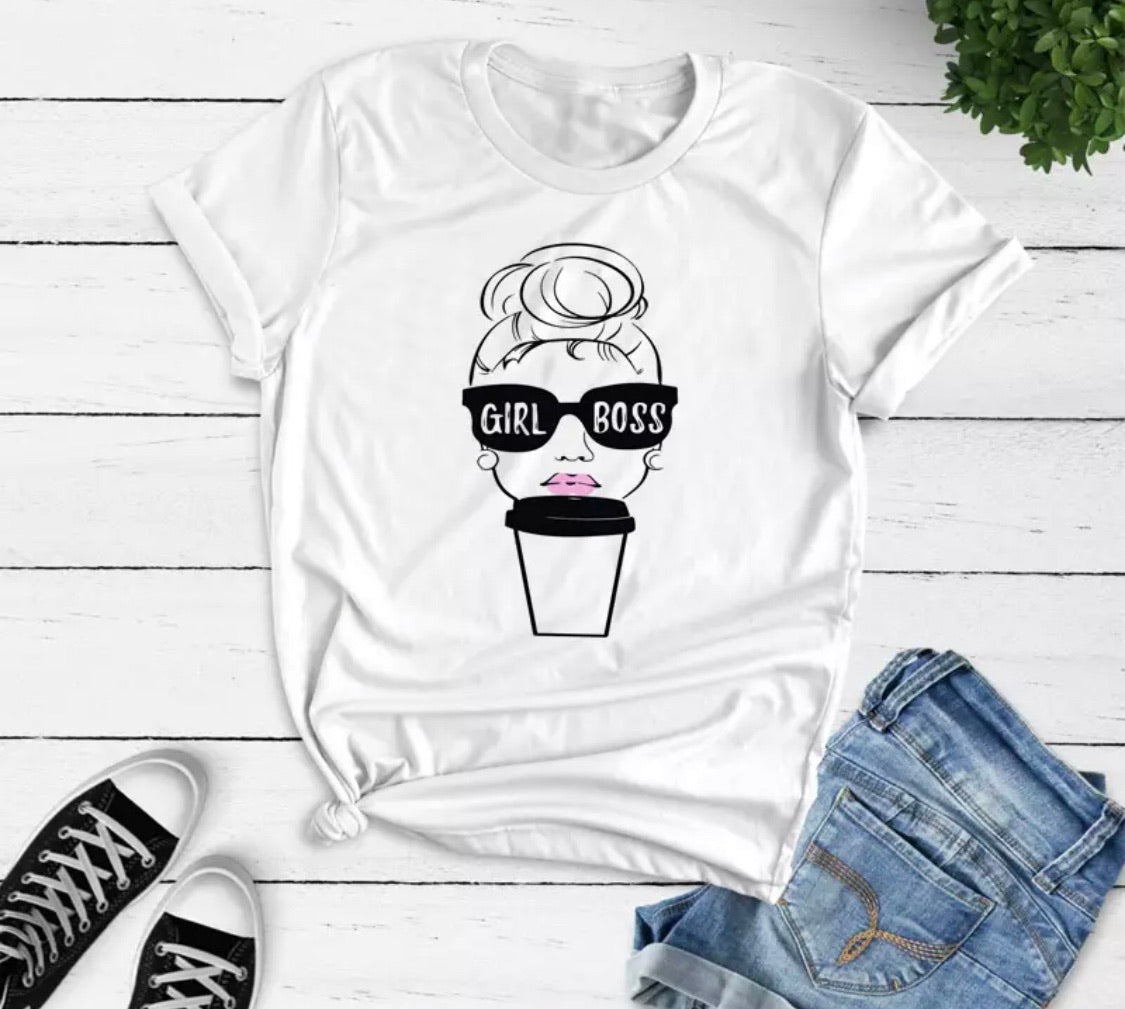 Girlboss | T-shirt | Coffee ~ Messy bun - Stacy's Pink Martini Boutique