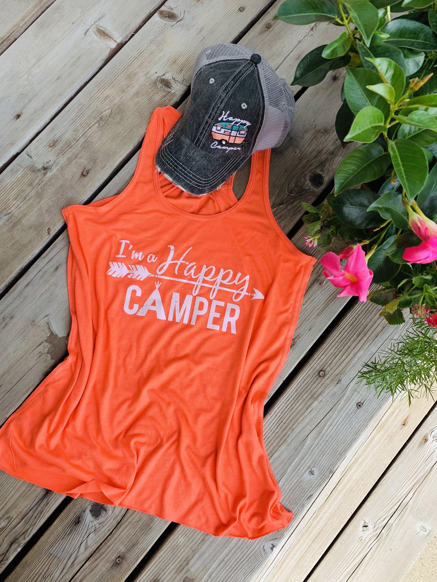 I’m a happy camper tank top •• Coral, teal, black, dark gray, light brown or white •• S - XXL - Stacy's Pink Martini Boutique