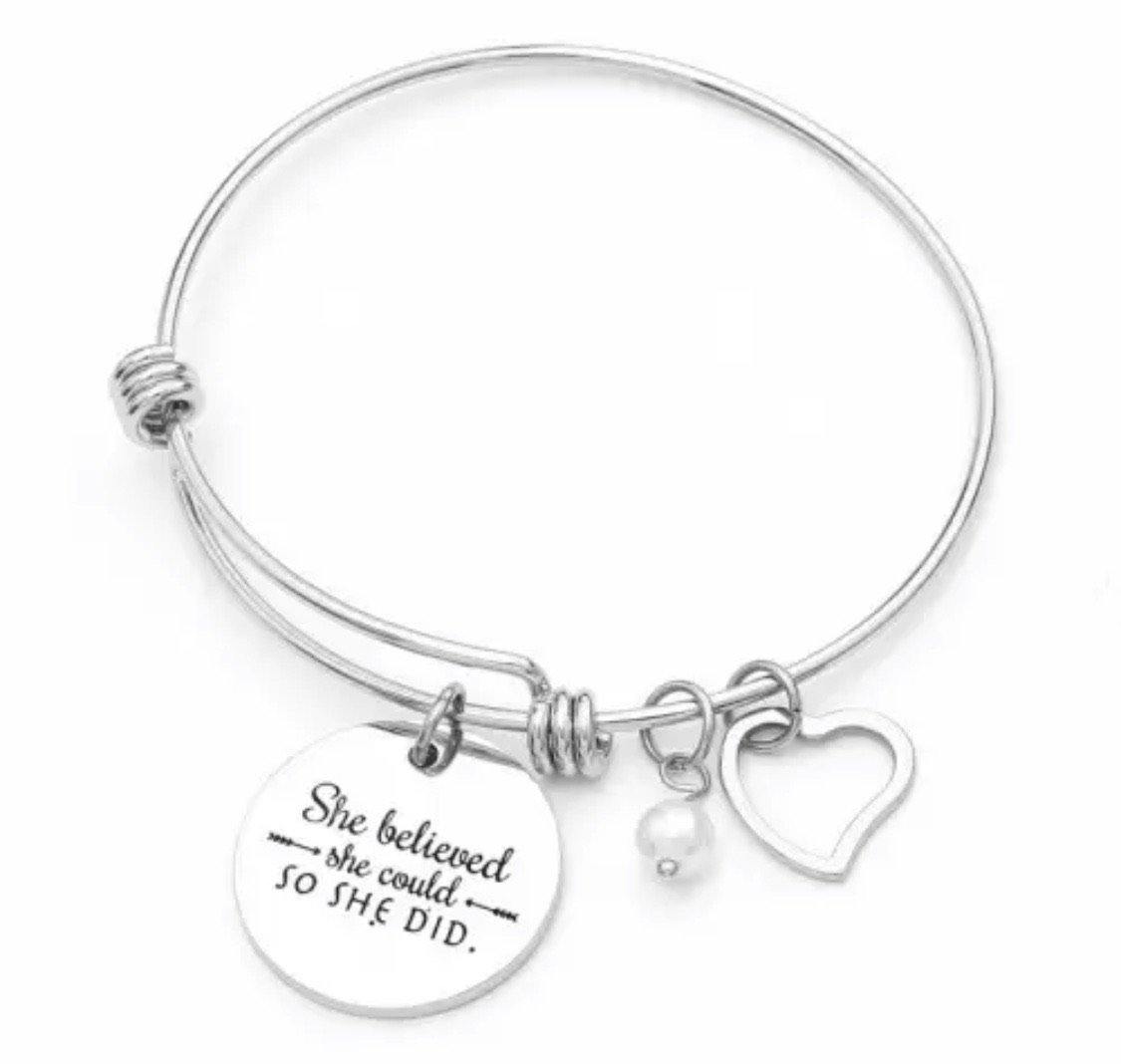 Bracelets { She believed she could so she did } Silver or gold. Heart charm. Pearl. Bangle. - Stacy's Pink Martini Boutique