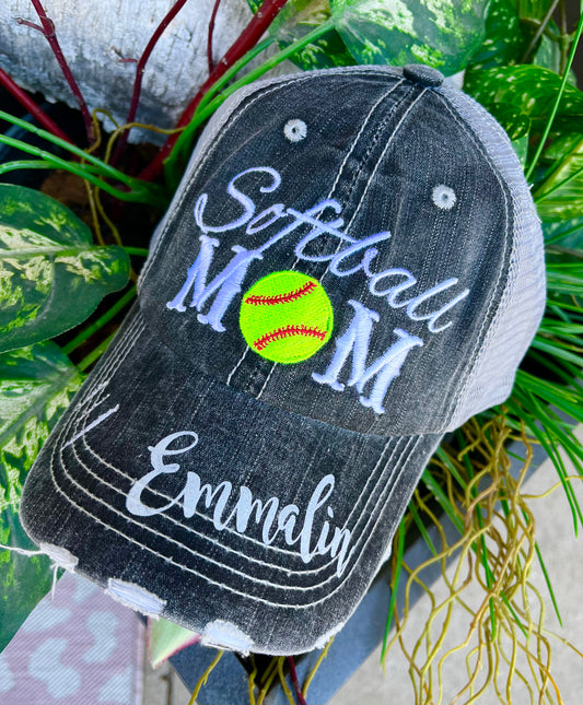 Softball hats Softball mom Softball hair dont care Embroidered gray distressed adjustable trucker caps Personalizable Softball forever - Stacy's Pink Martini Boutique