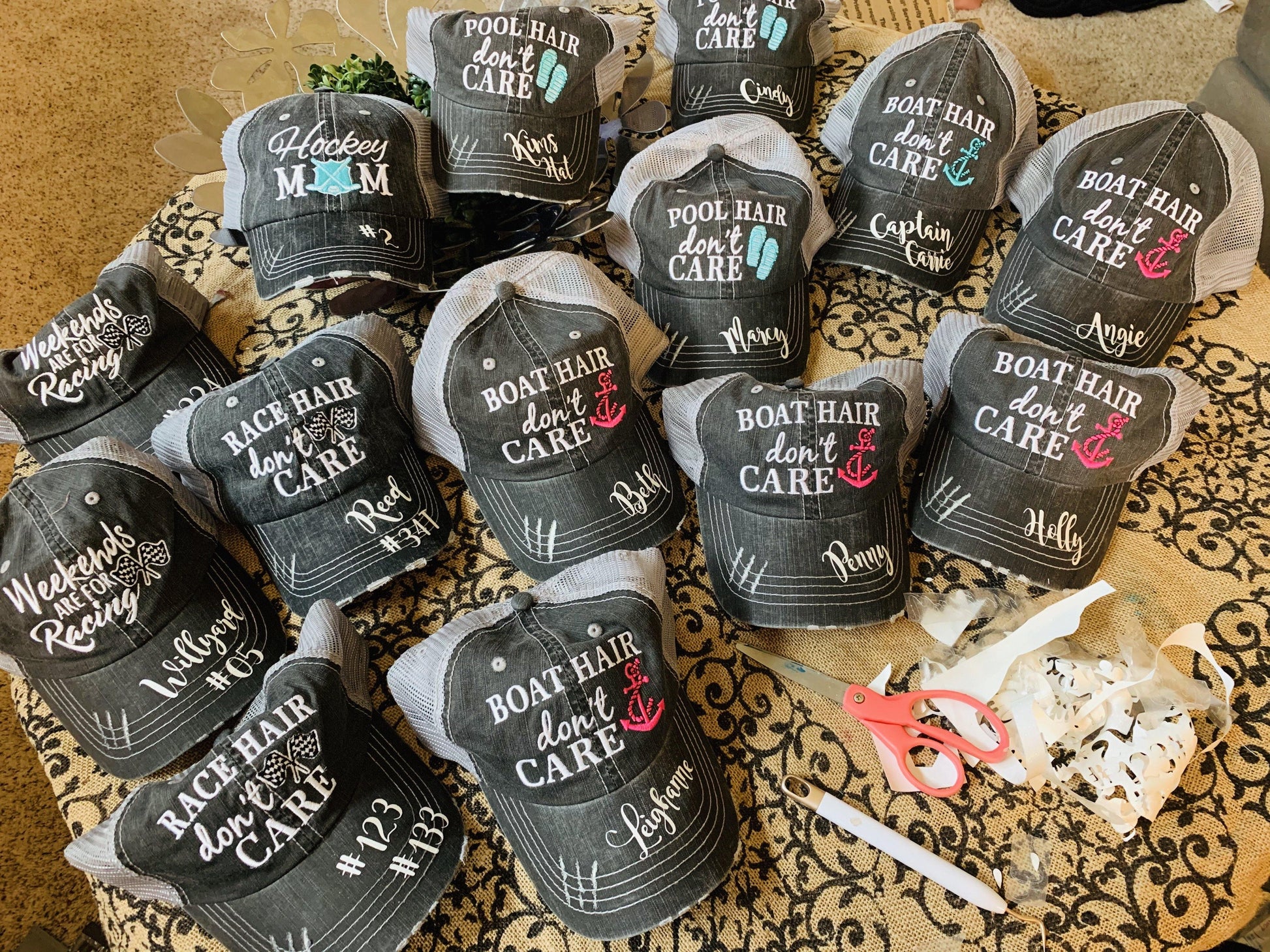 Blessed Hats { Simply Blessed } Pink or teal cross. Gray distressed trucker cap with adjustable Velcro. - Stacy's Pink Martini Boutique