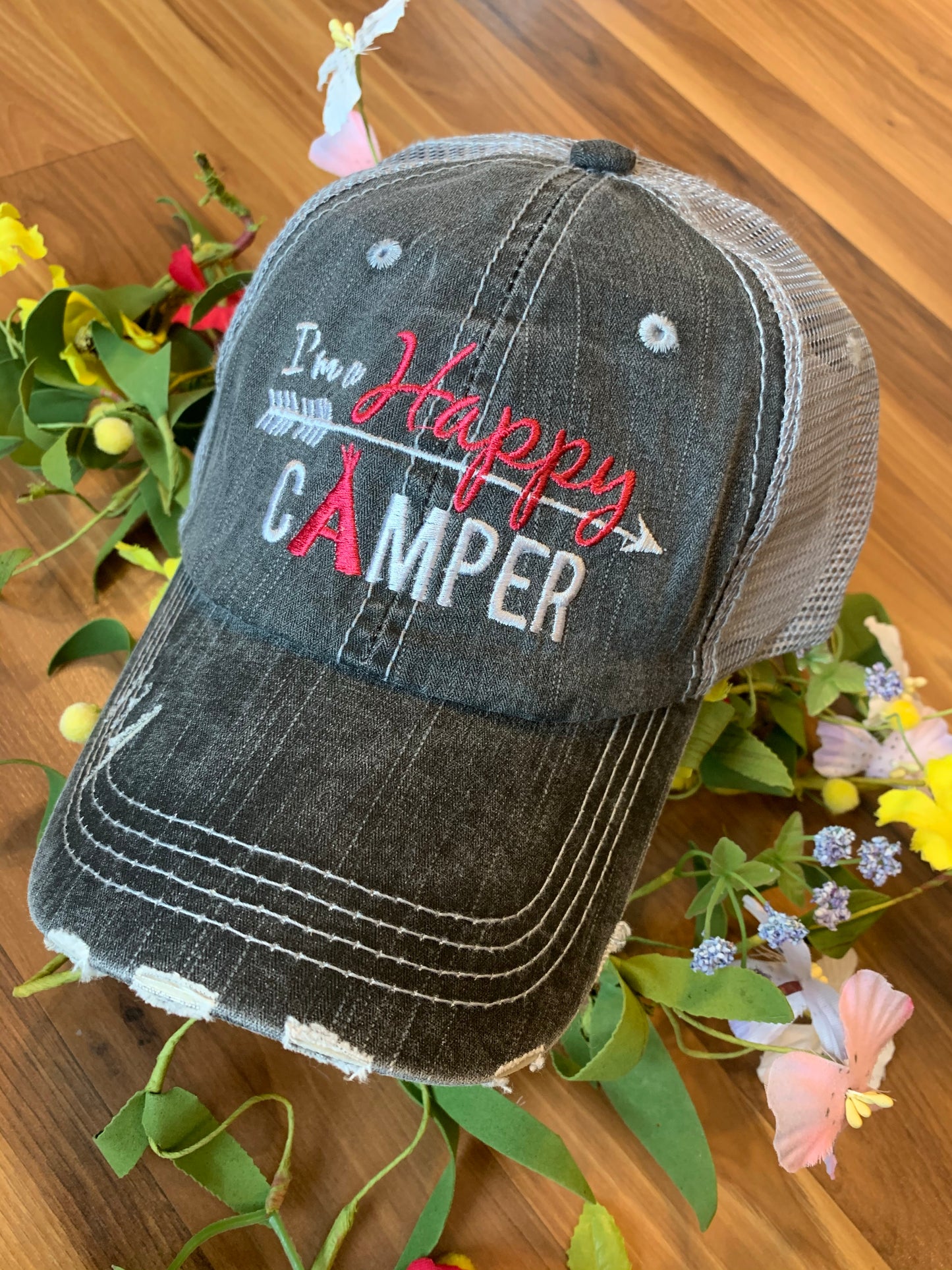 Pool hats Embroidered gray distressed unisex trucker caps Pool hair dont care Pool please Flamingos Flip flops - Stacy's Pink Martini Boutique